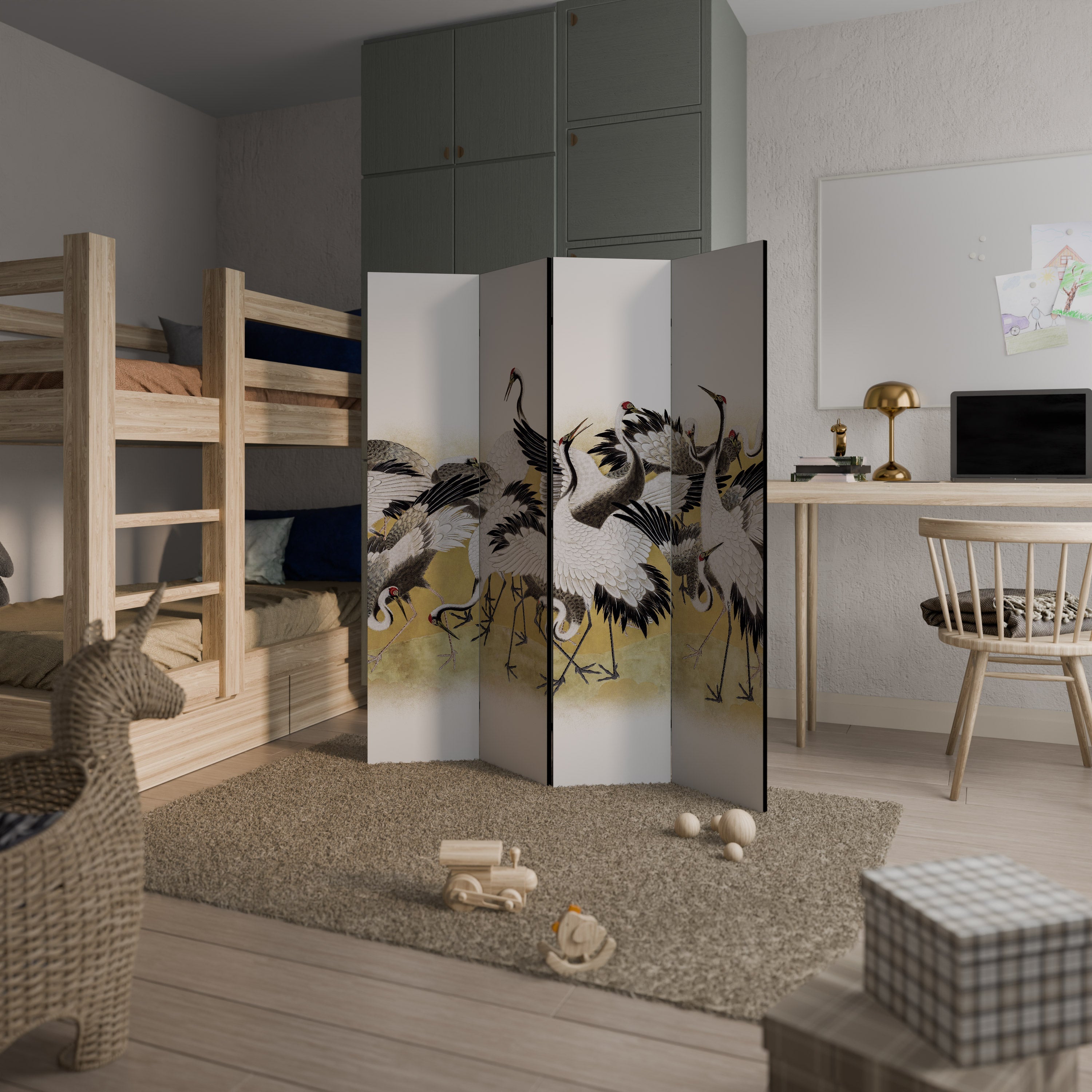 Dekorativer 4-teiliger Raumteiler „Japanese Flock of Cranes“