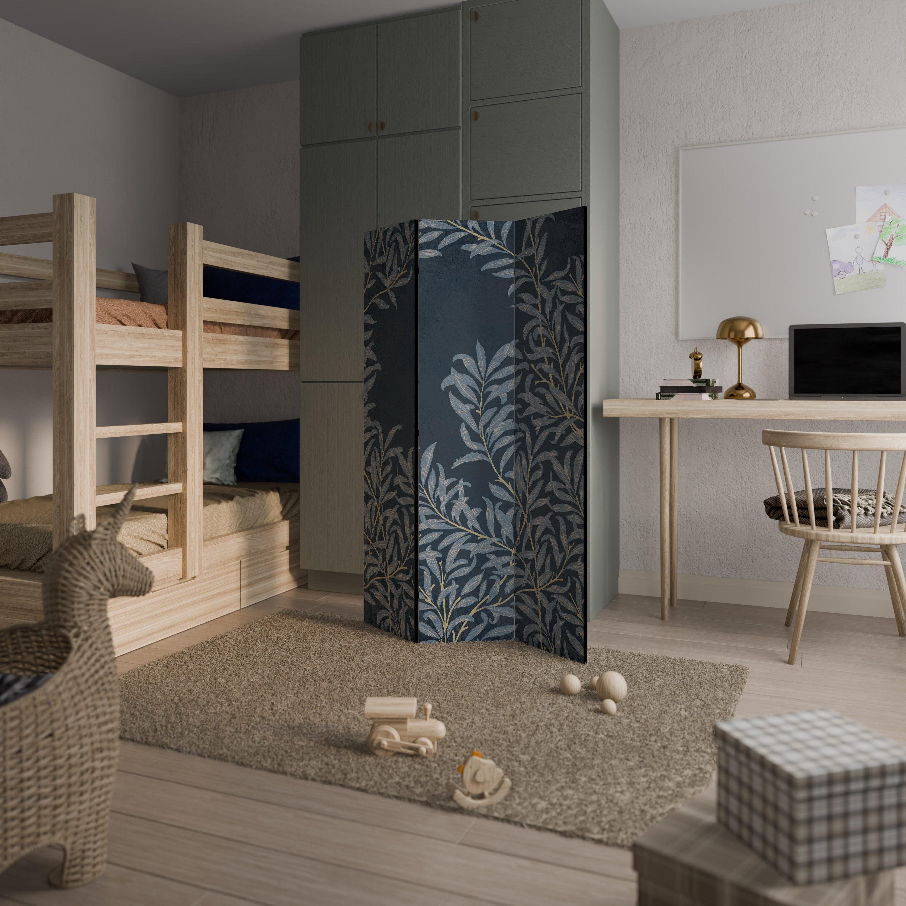 BLUE LEAVES Decorative 3-Panel Room Divider