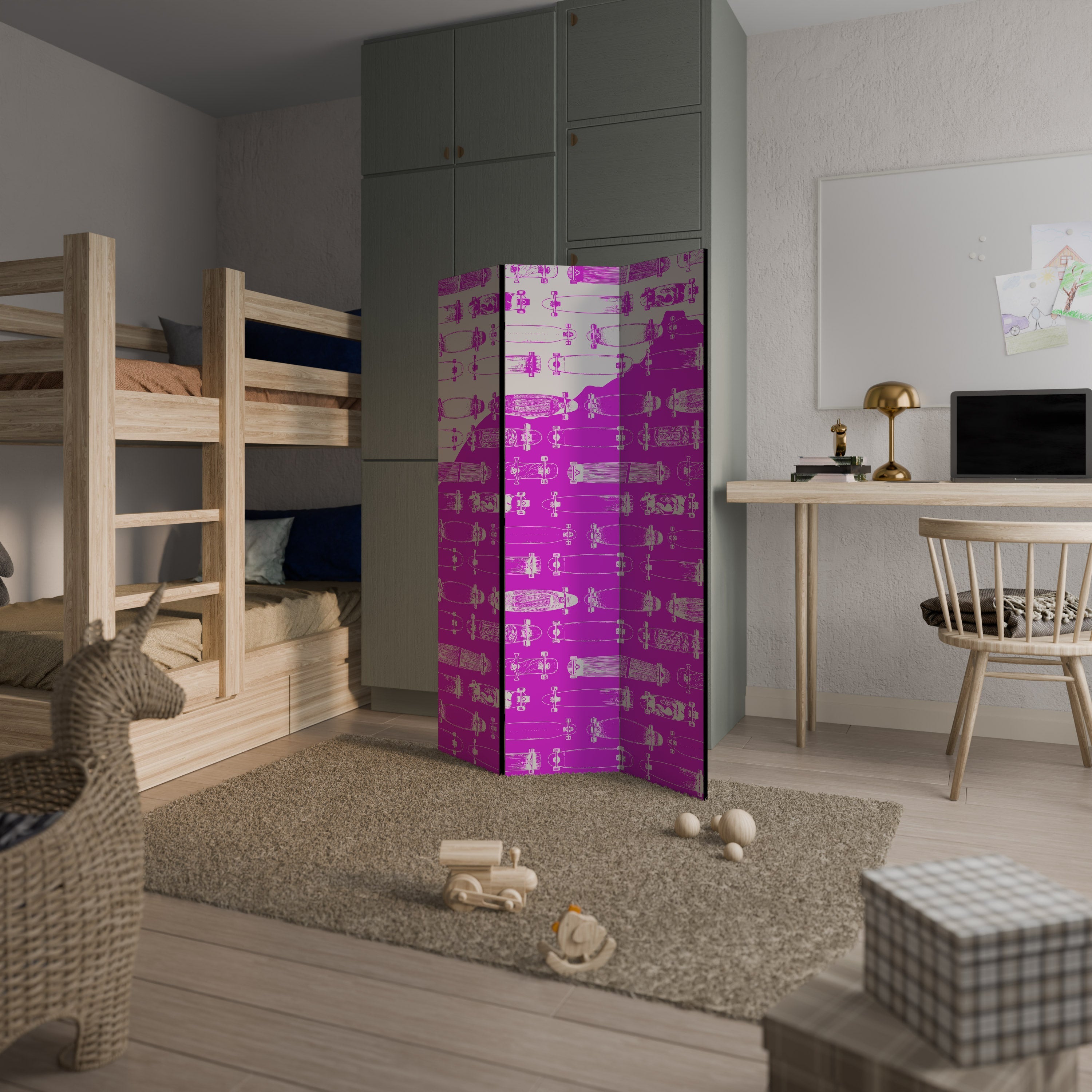 SKATEBOARD MAGENTA Decorative 3-Panel Room Divider