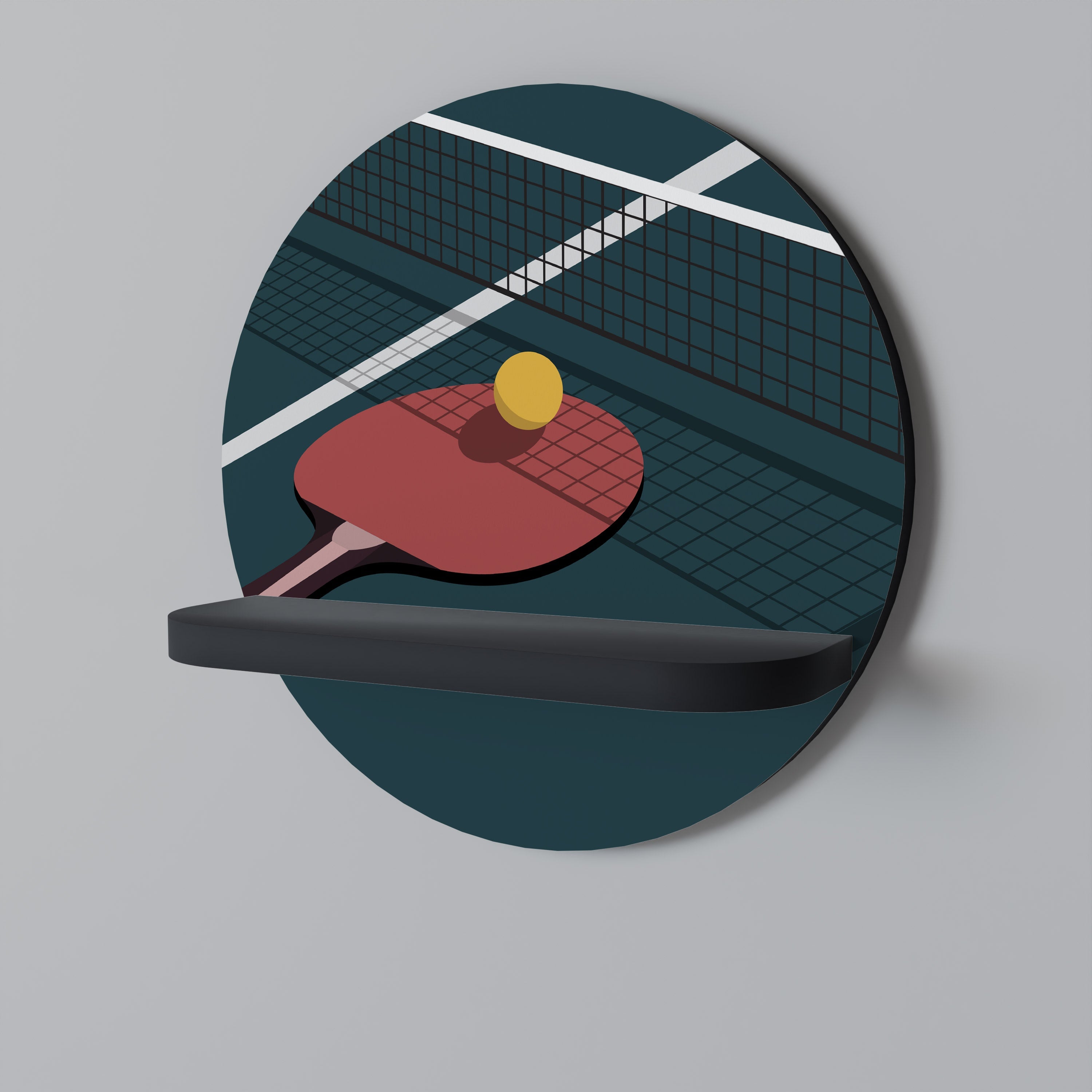PING-PONG-SPIEL Rundes Kunstregal in schwarzer Ausführung