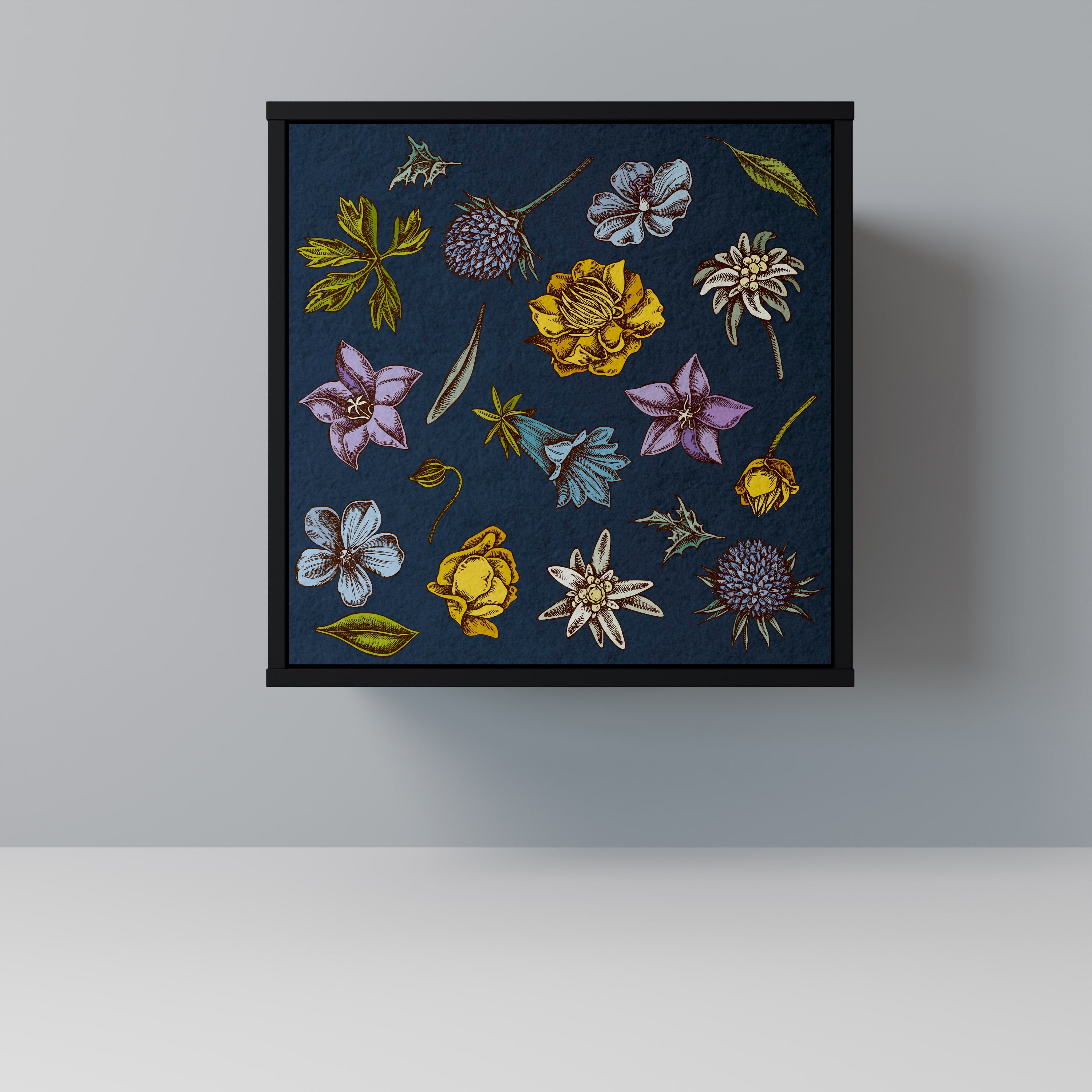 FLOWERS ON NAVY BLUE Sideboard mit 1 Tür in Schwarz