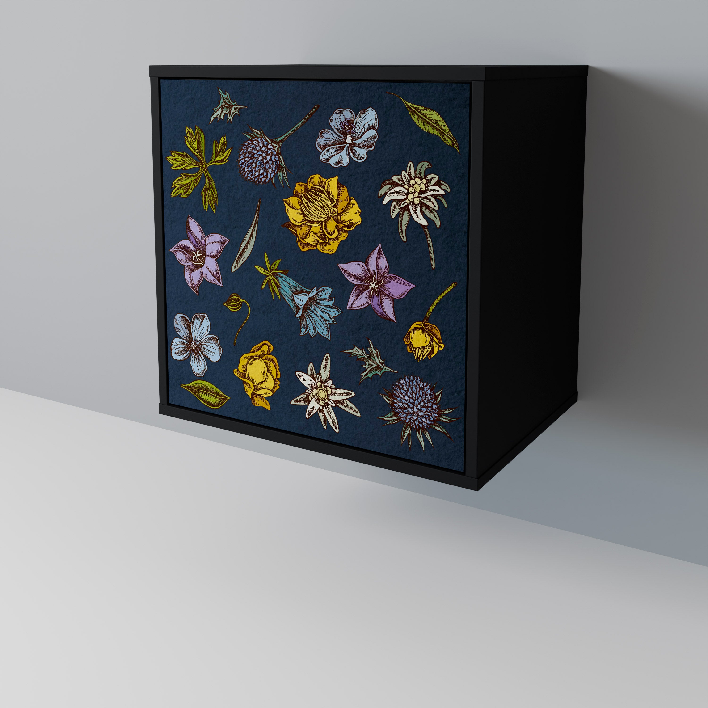 FLOWERS ON NAVY BLUE Sideboard mit 1 Tür in Schwarz