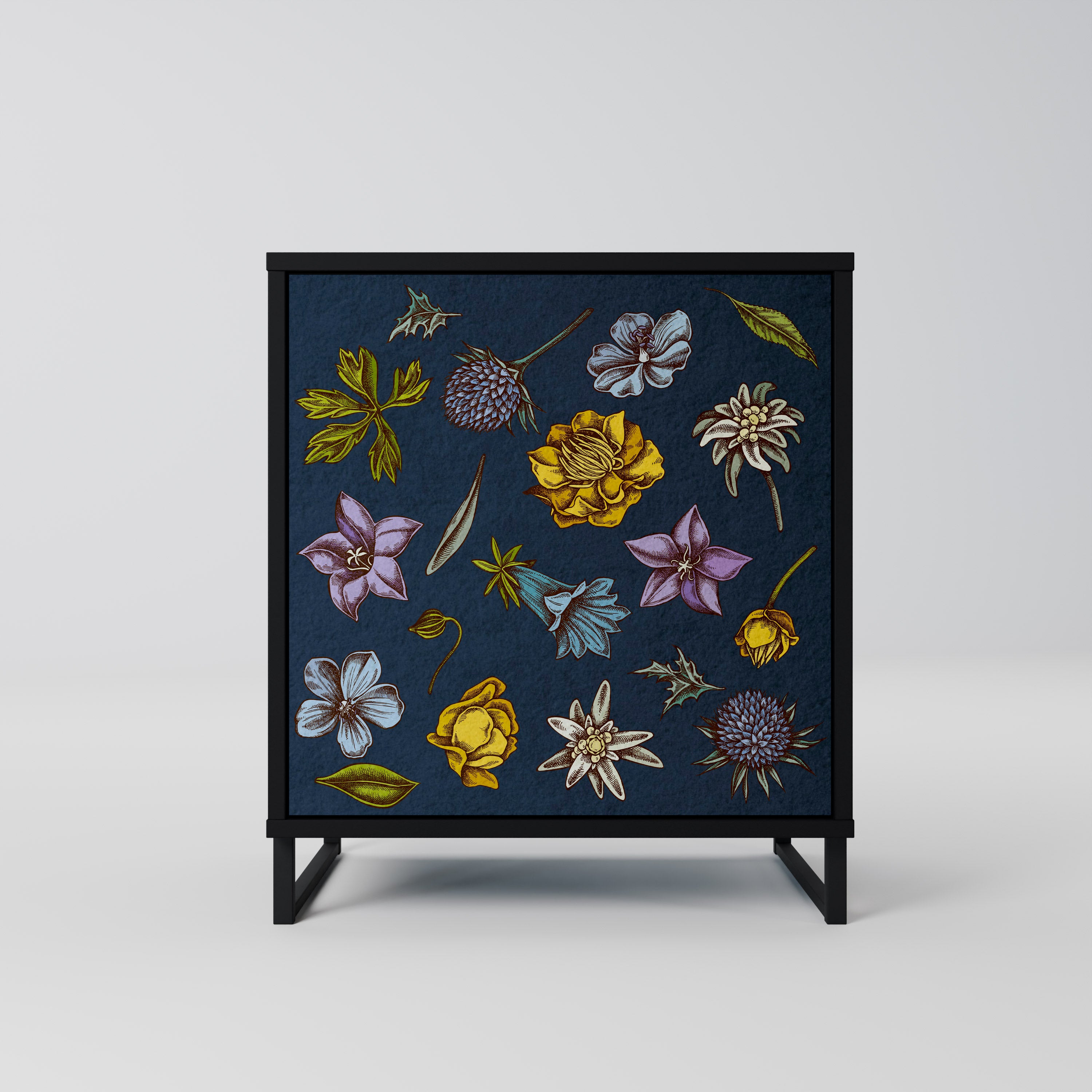 FLOWERS ON NAVY BLUE Sideboard mit 1 Tür in Schwarz