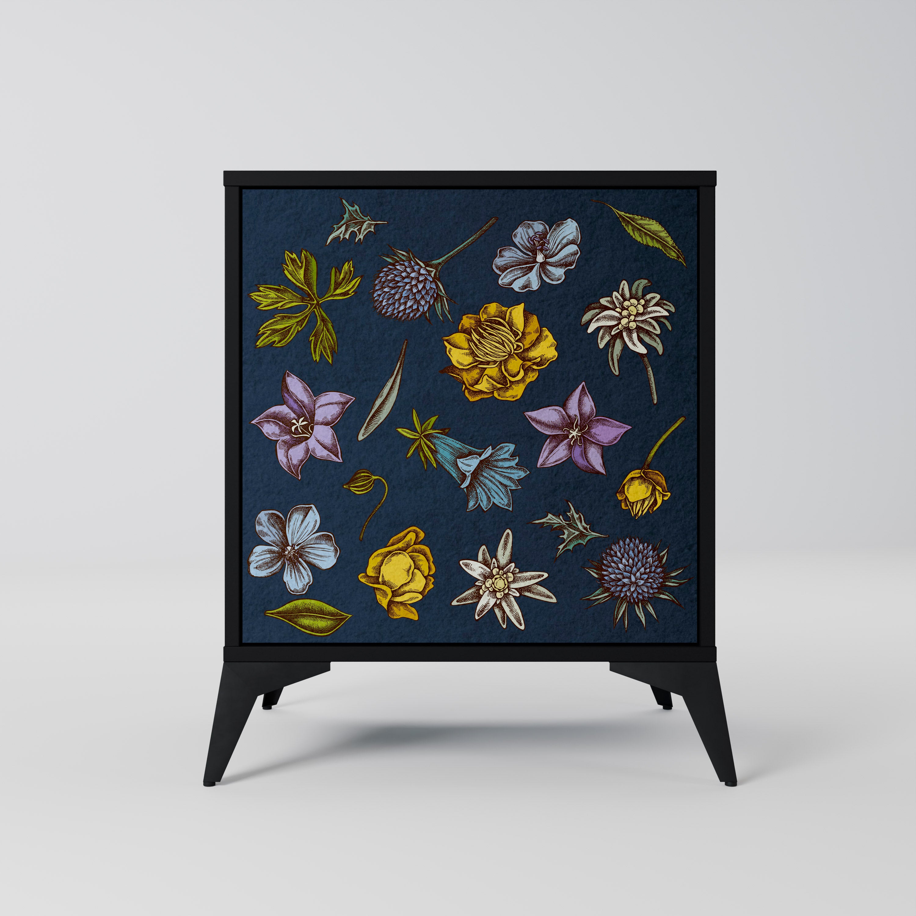 FLOWERS ON NAVY BLUE Sideboard mit 1 Tür in Schwarz