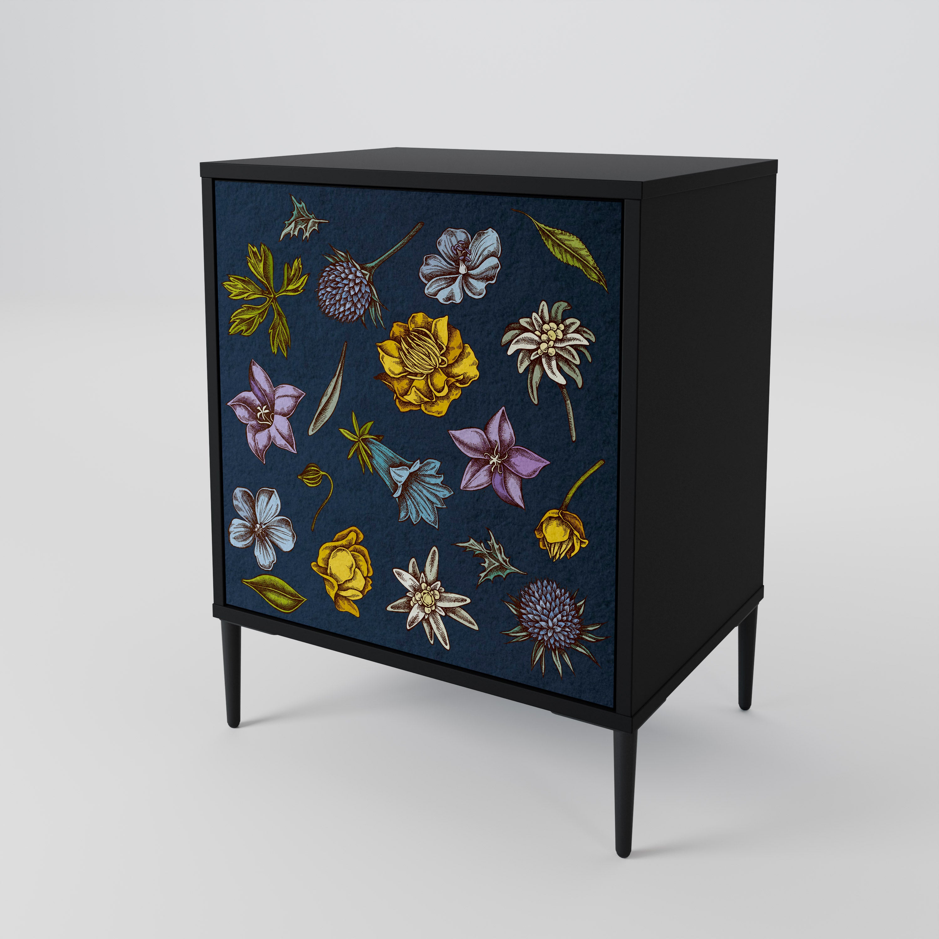 FLOWERS ON NAVY BLUE Sideboard mit 1 Tür in Schwarz