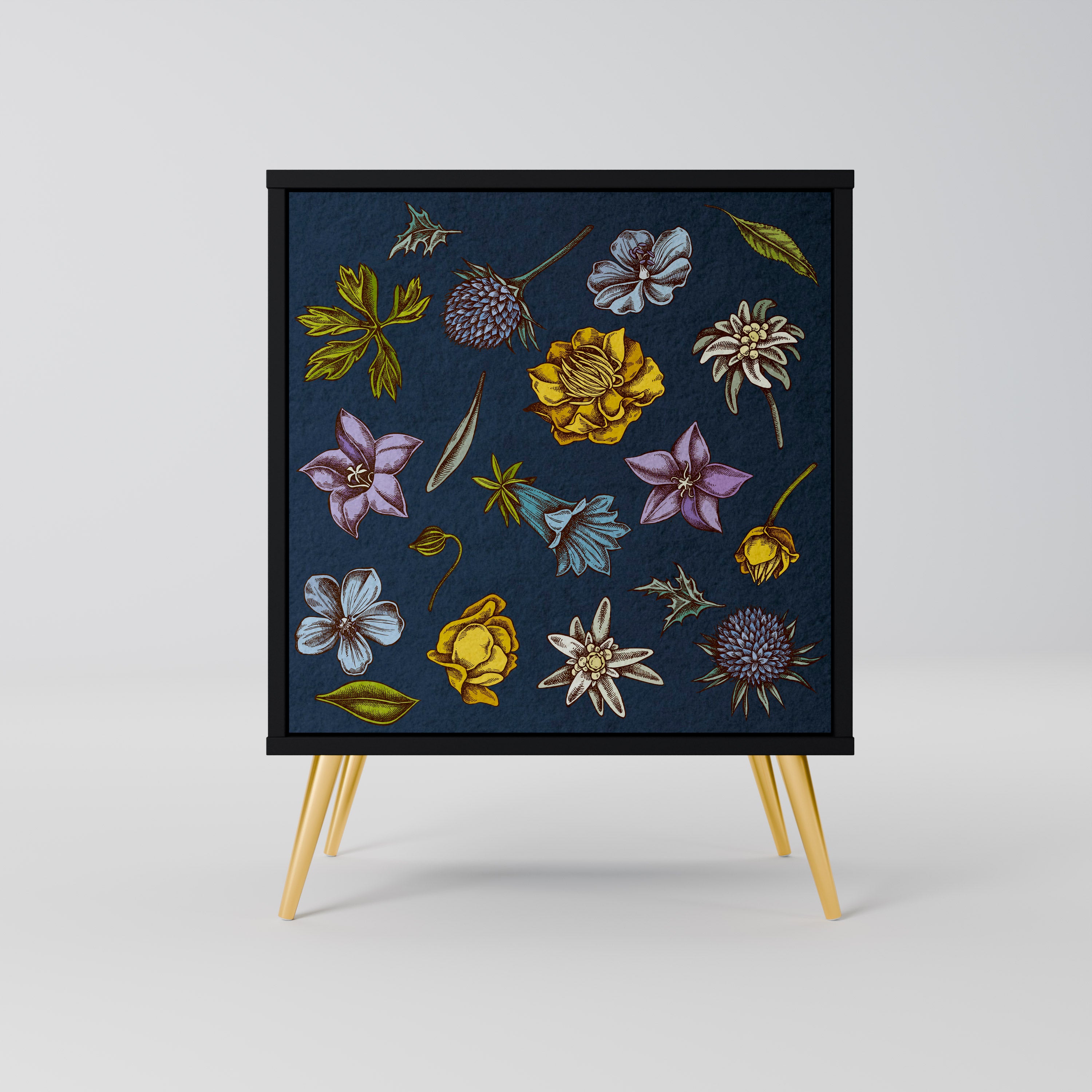 FLOWERS ON NAVY BLUE Sideboard mit 1 Tür in Schwarz