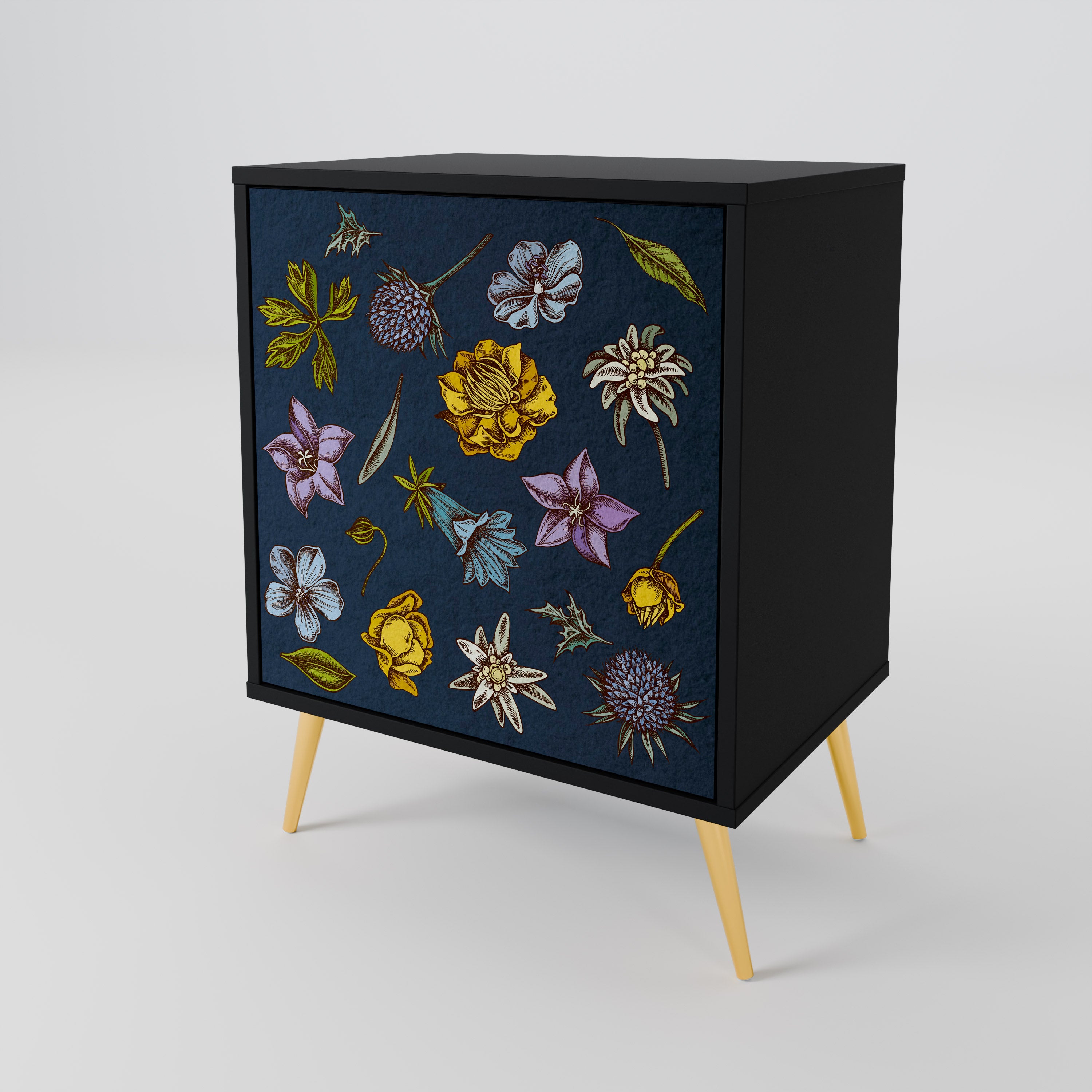 FLOWERS ON NAVY BLUE Sideboard mit 1 Tür in Schwarz