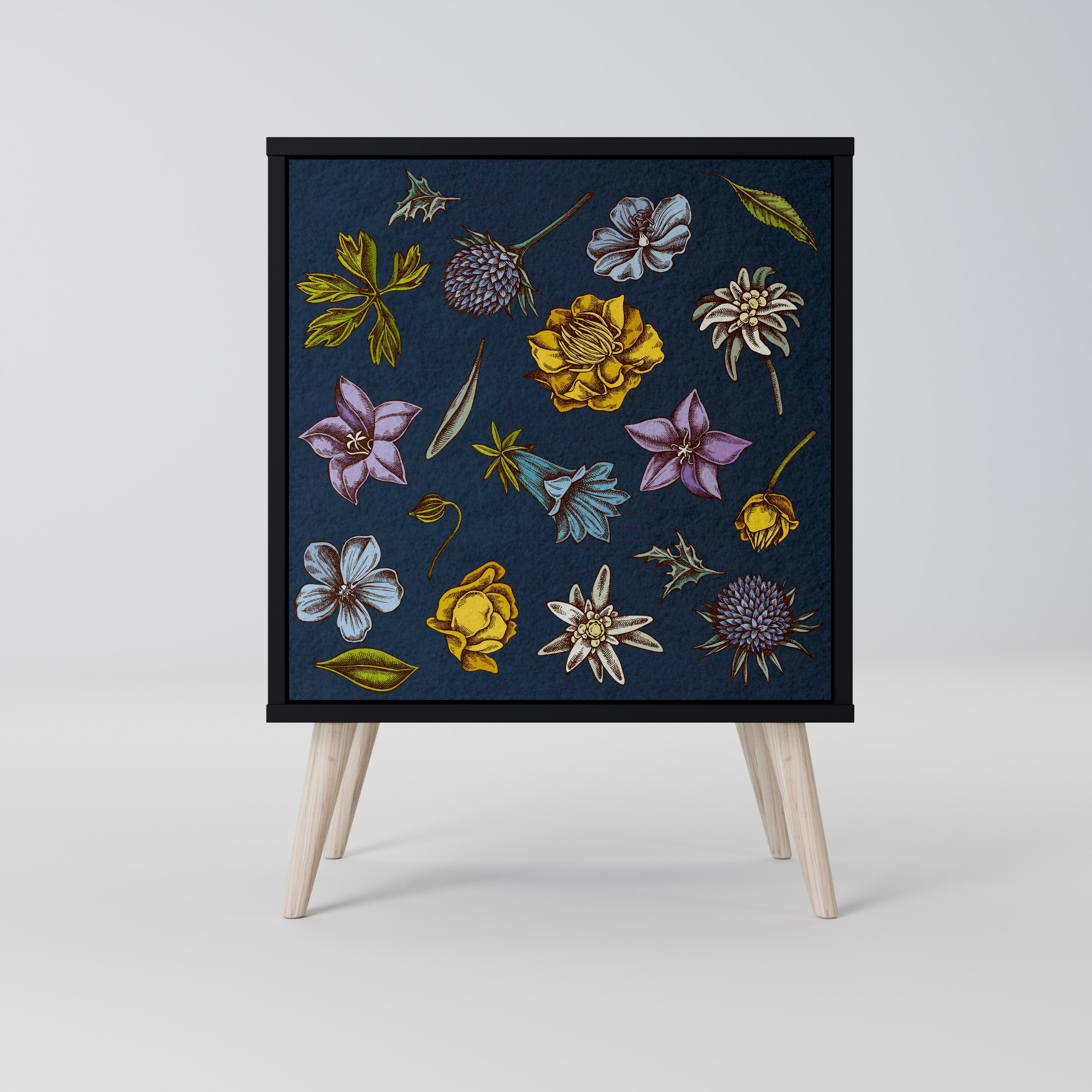 FLOWERS ON NAVY BLUE Sideboard mit 1 Tür in Schwarz