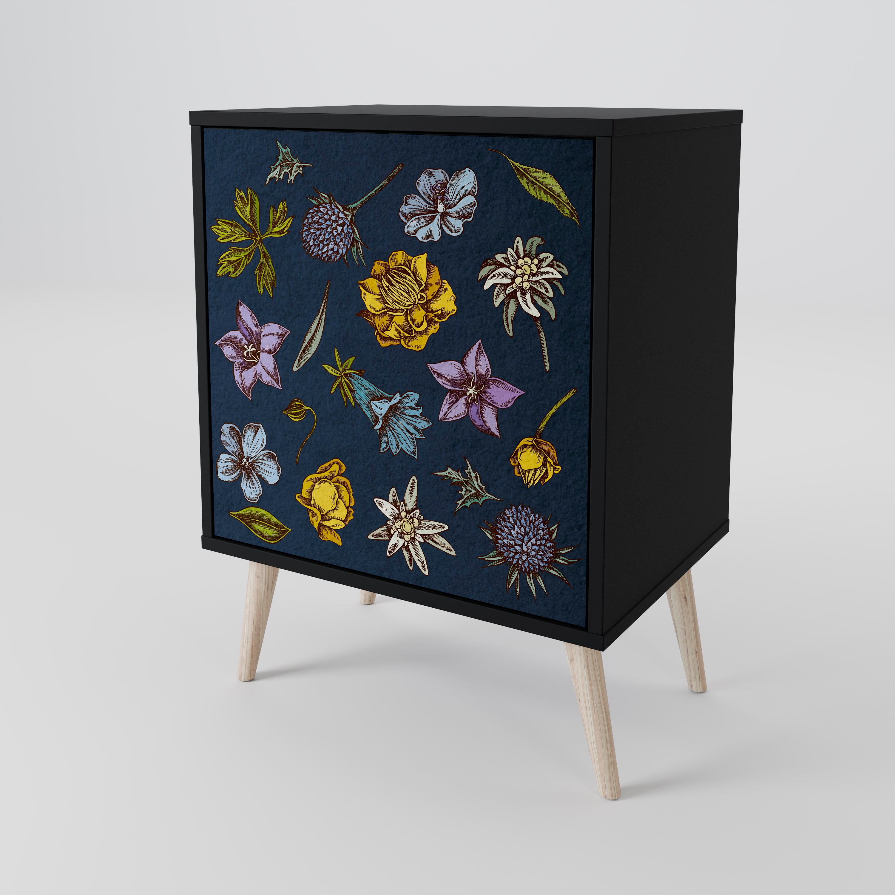 FLOWERS ON NAVY BLUE Sideboard mit 1 Tür in Schwarz