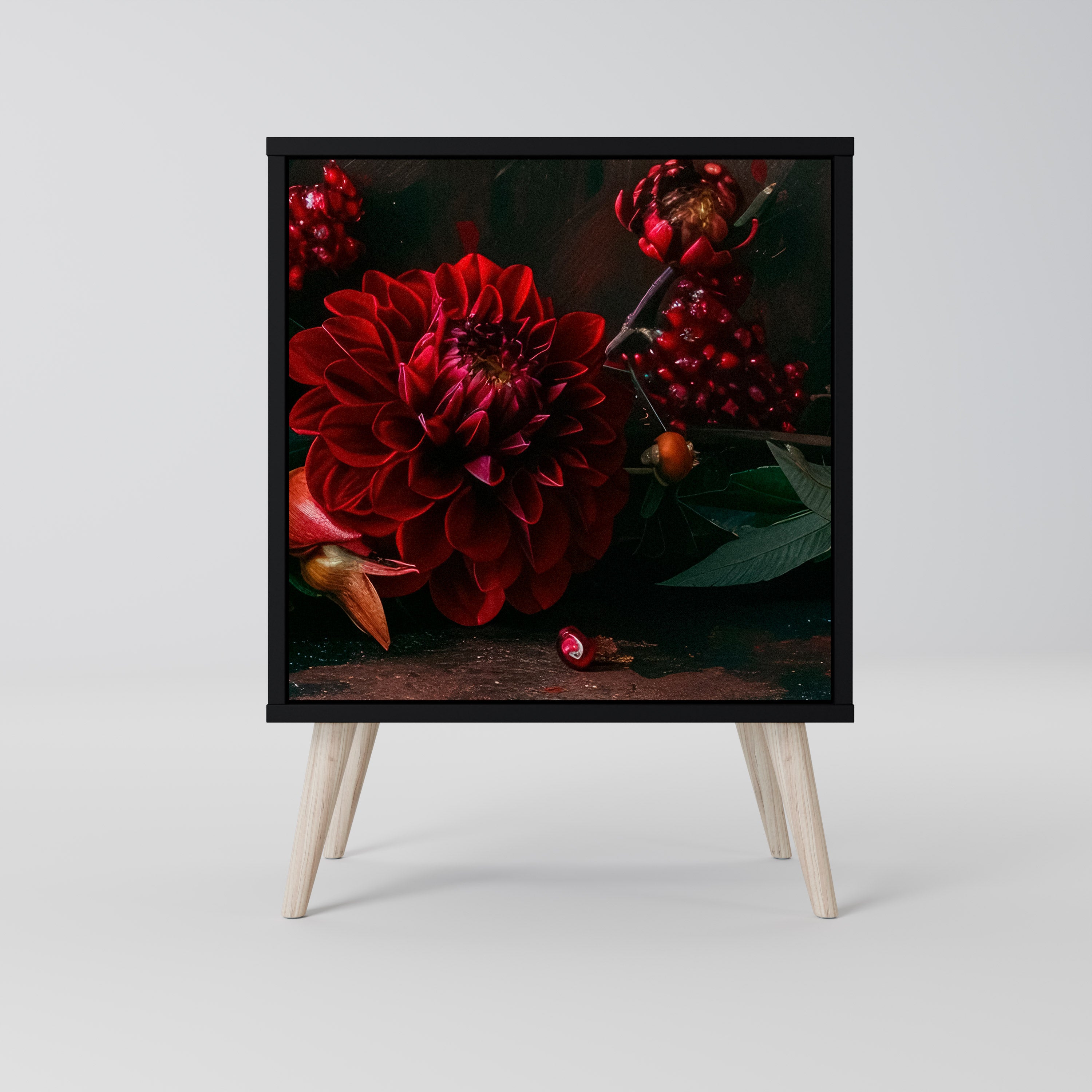 DAHLIAS AND POMEGRANATES Sideboard mit 1 Tür in Schwarz