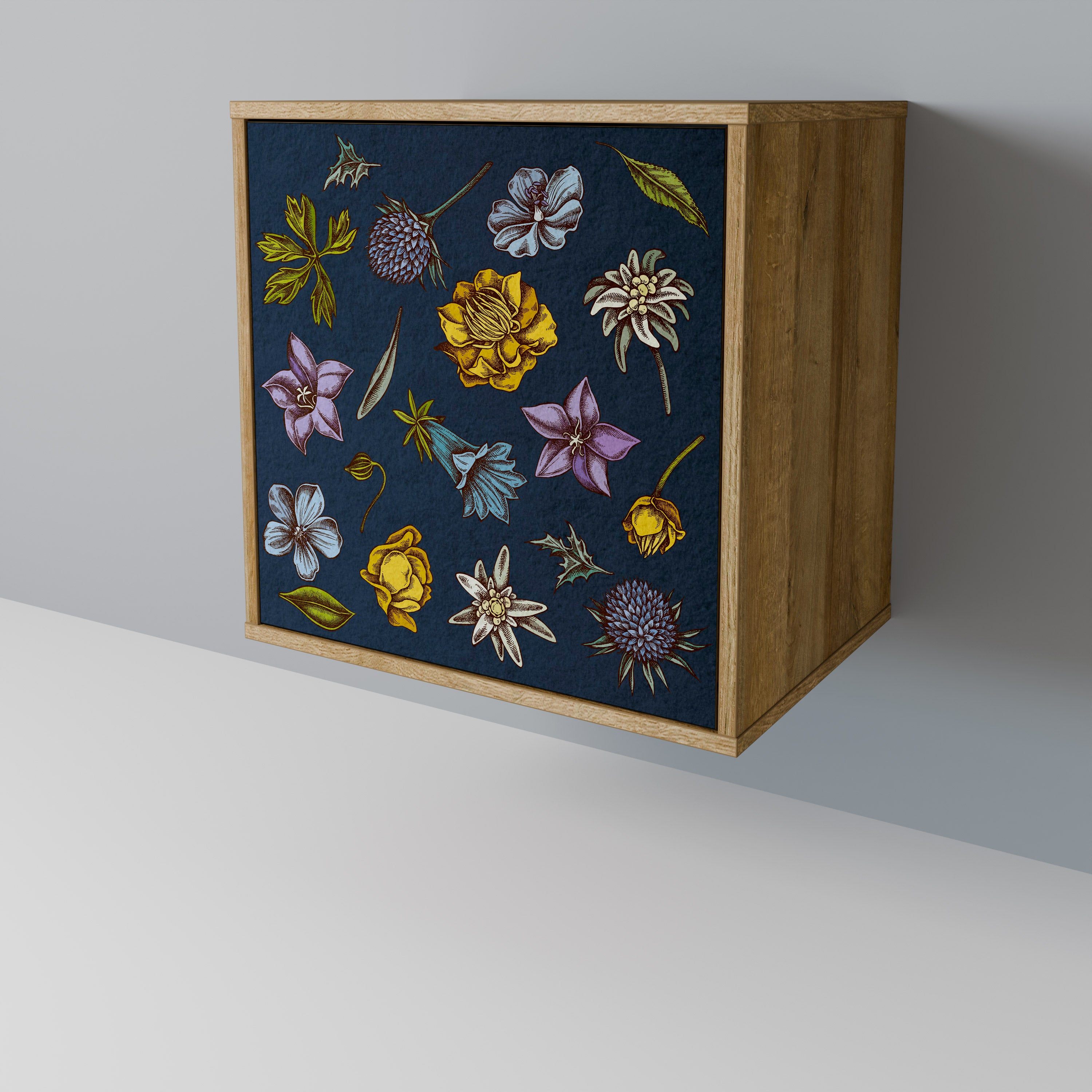 FLOWERS ON NAVY BLUE Sideboard mit 1 Tür in Eiche-Optik