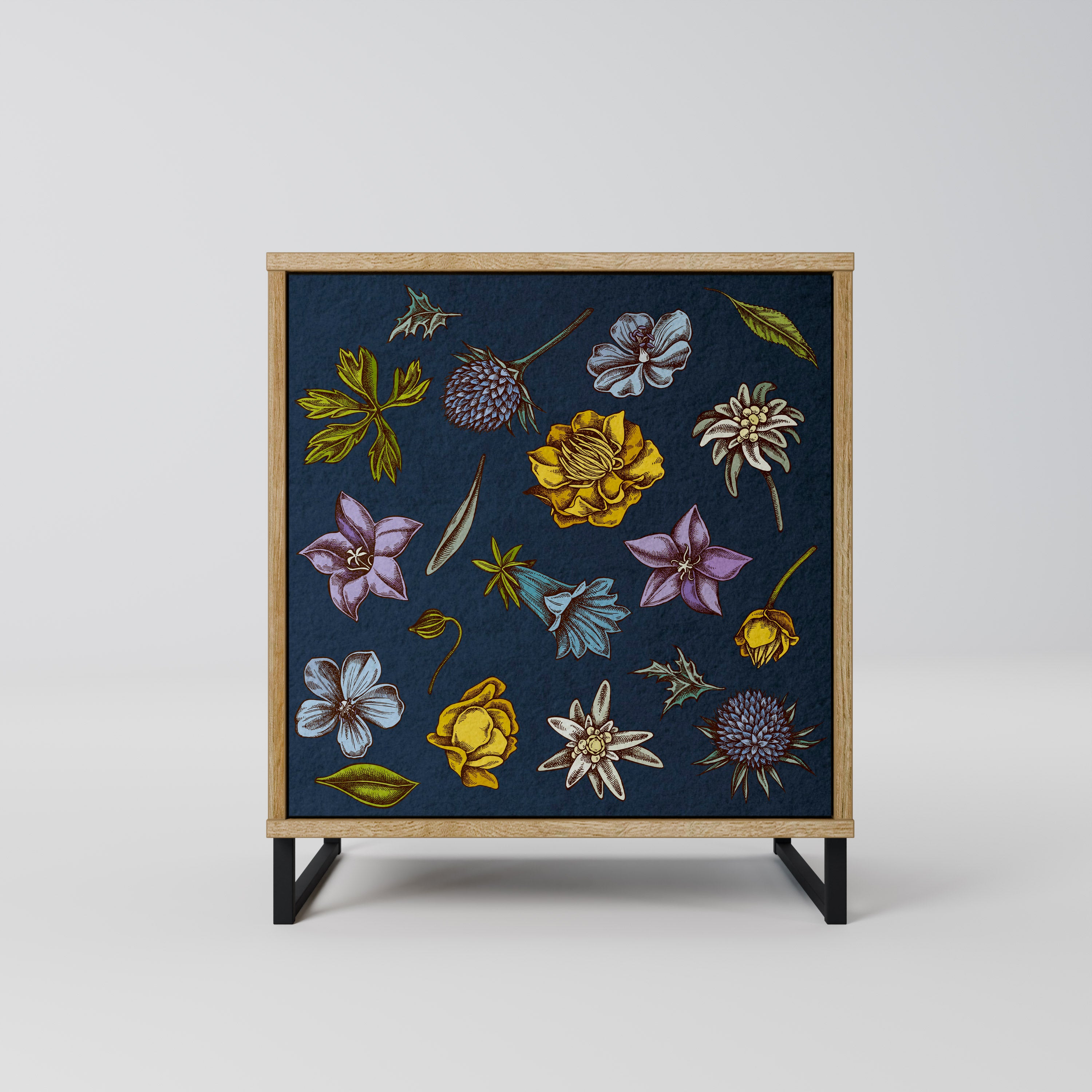 FLOWERS ON NAVY BLUE Sideboard mit 1 Tür in Eiche-Optik
