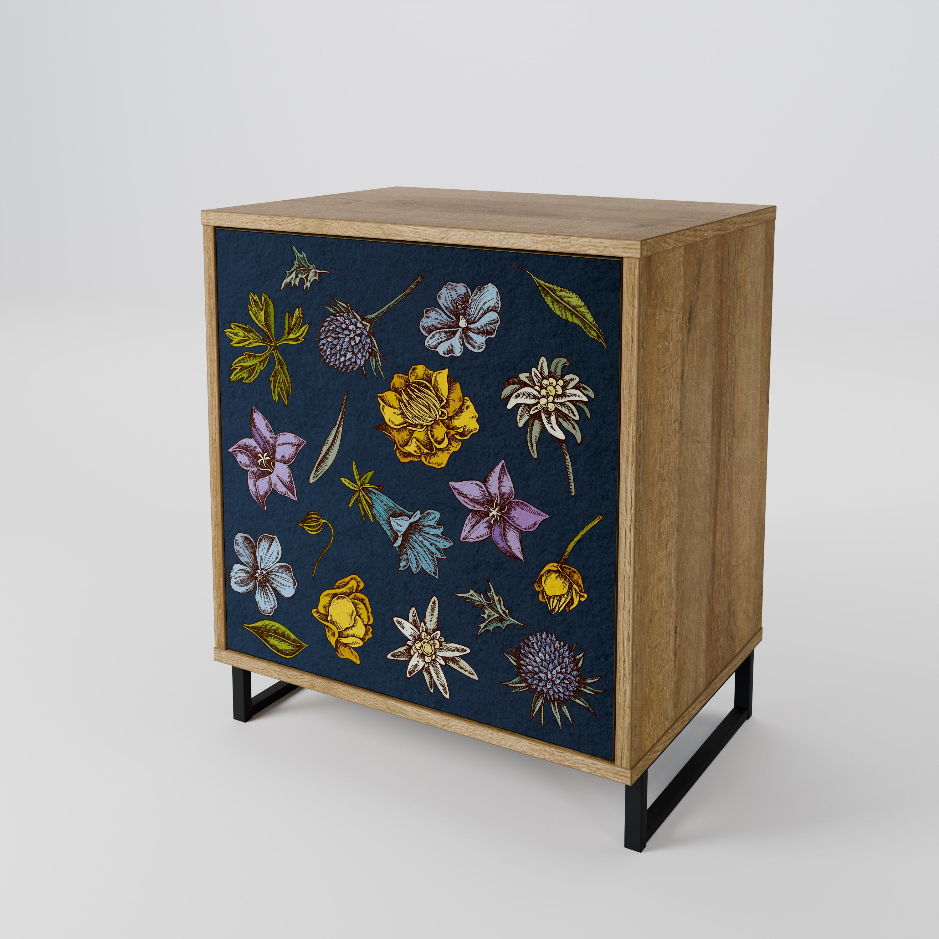 FLOWERS ON NAVY BLUE Sideboard mit 1 Tür in Eiche-Optik