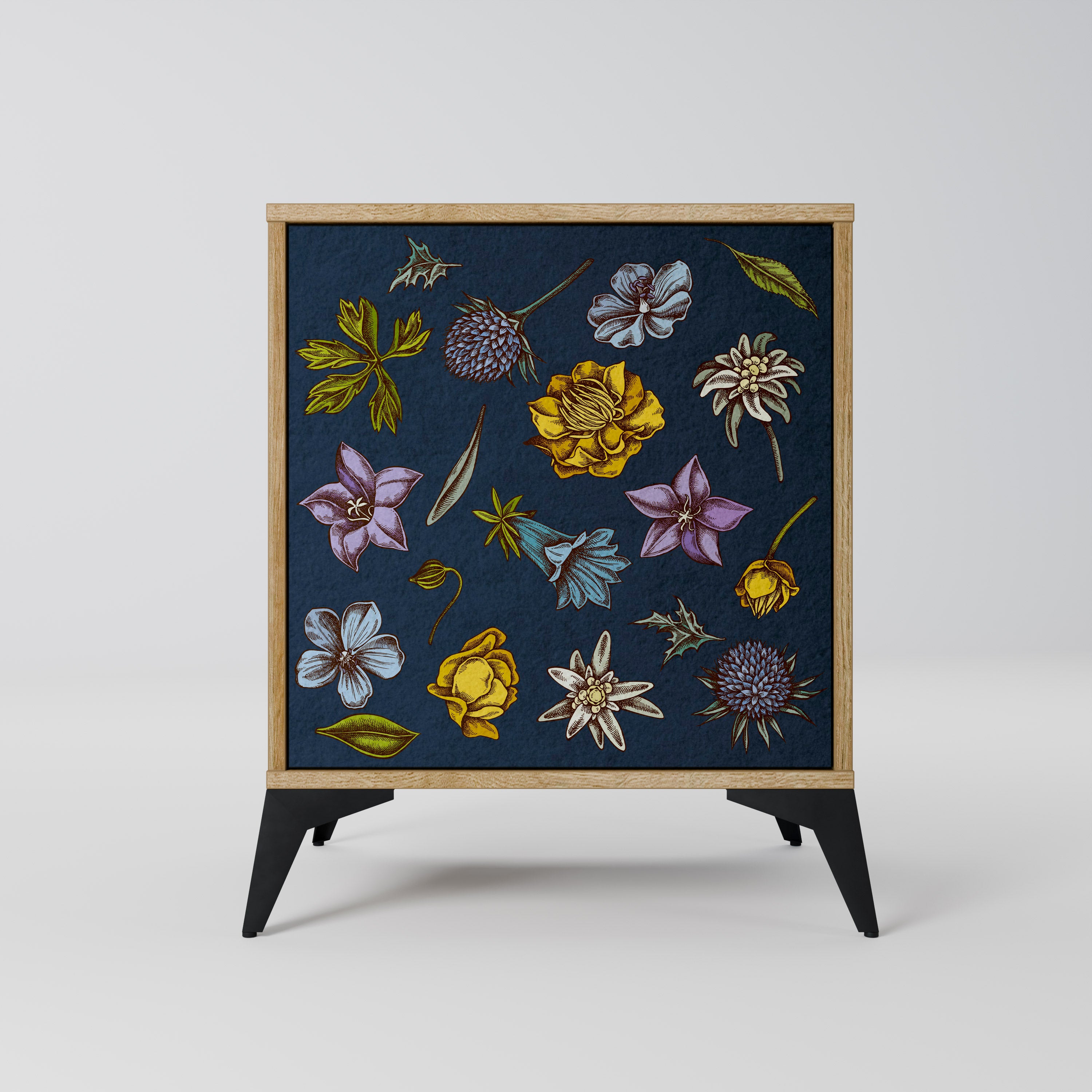 FLOWERS ON NAVY BLUE Sideboard mit 1 Tür in Eiche-Optik