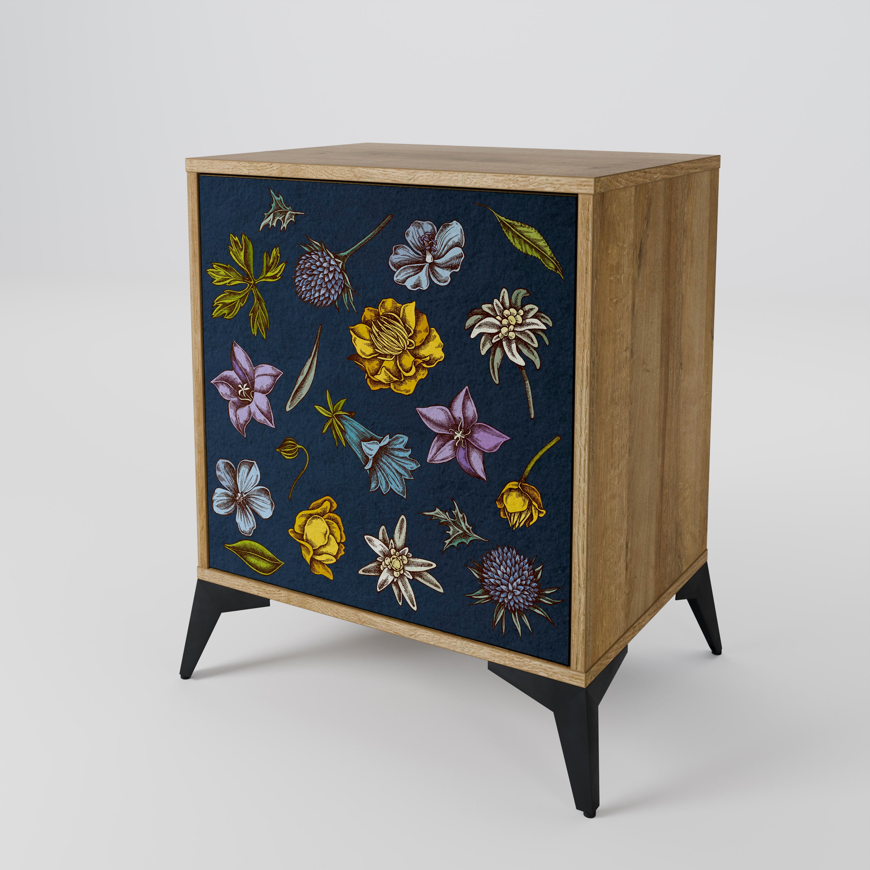 FLOWERS ON NAVY BLUE Sideboard mit 1 Tür in Eiche-Optik