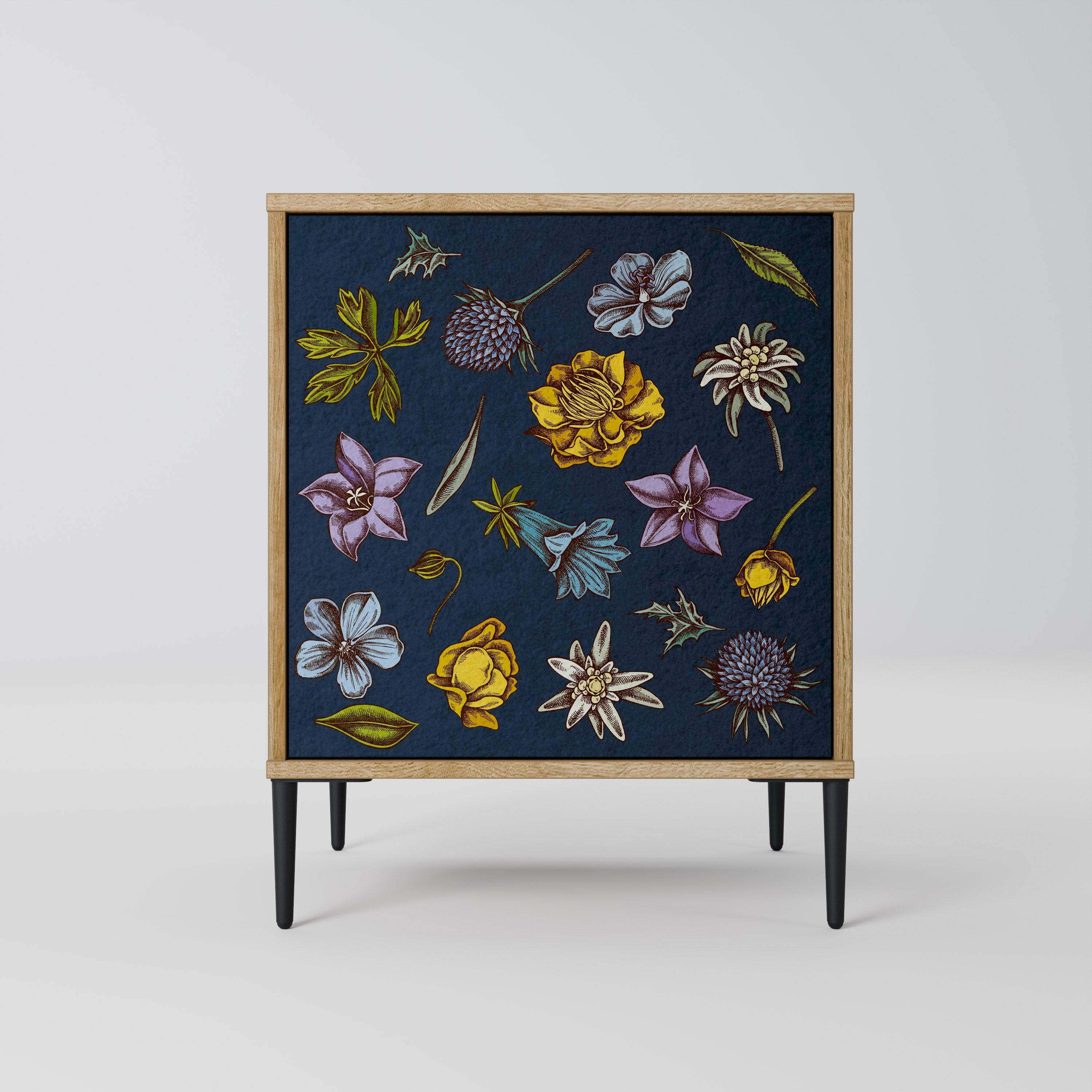 FLOWERS ON NAVY BLUE Sideboard mit 1 Tür in Eiche-Optik