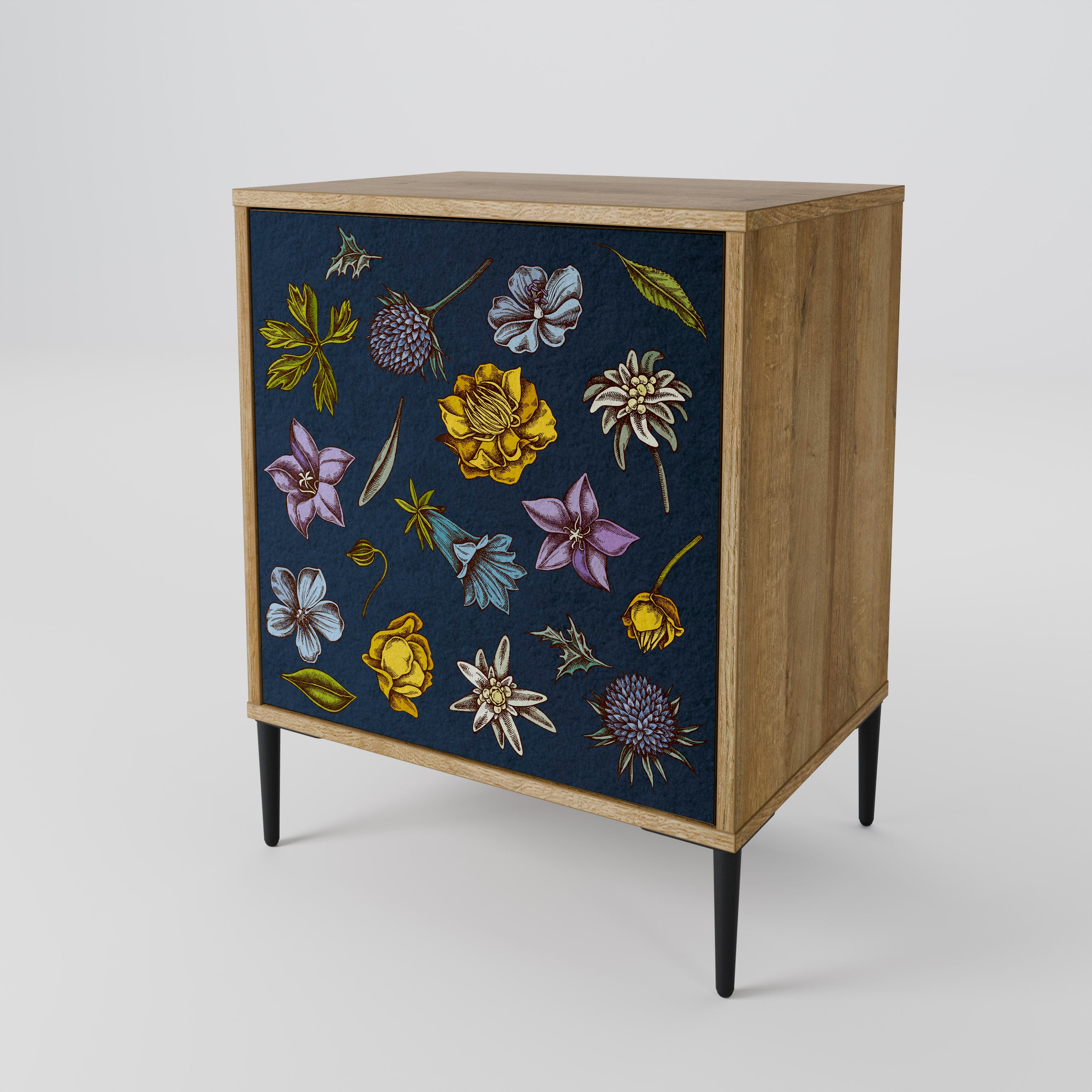 FLOWERS ON NAVY BLUE Sideboard mit 1 Tür in Eiche-Optik