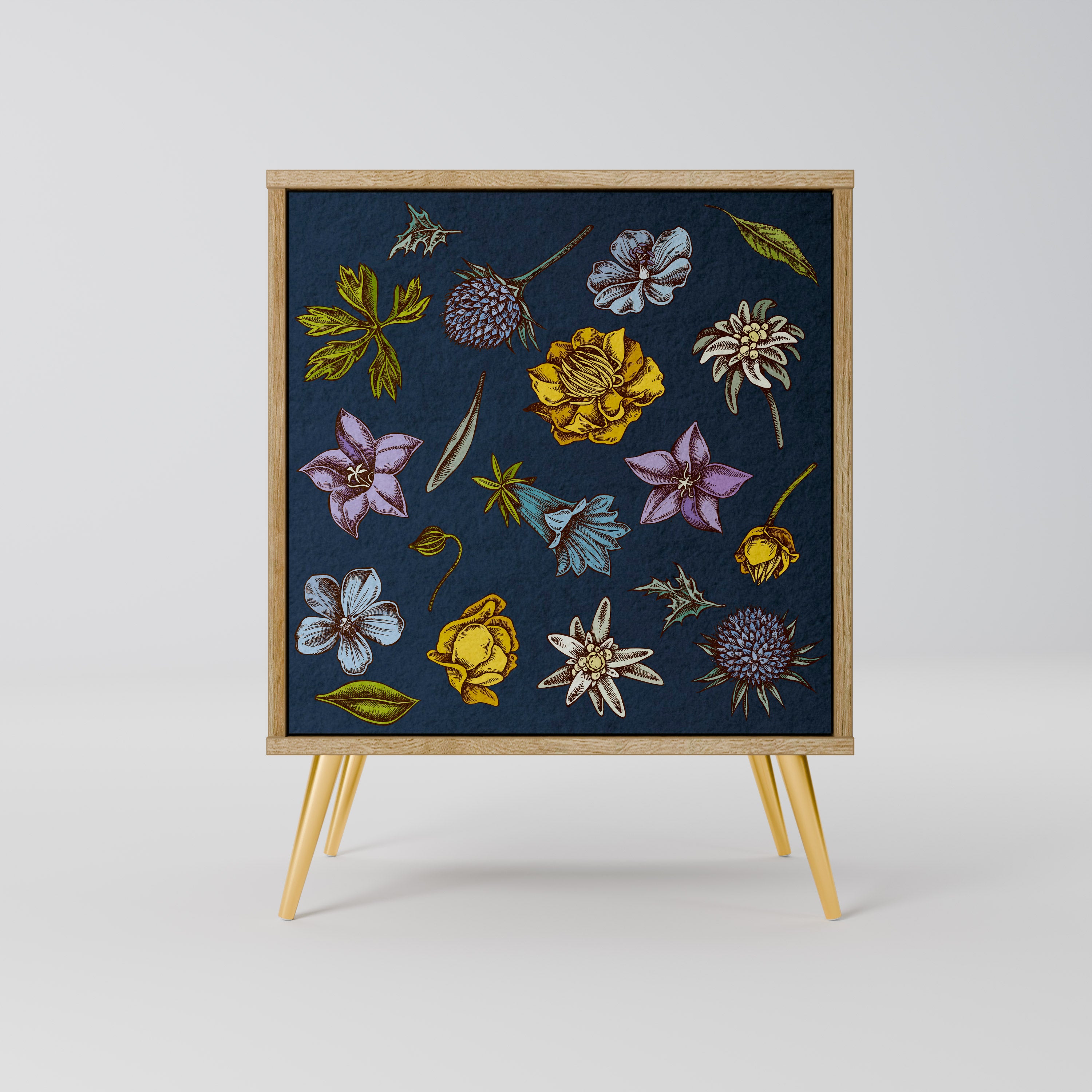 FLOWERS ON NAVY BLUE Sideboard mit 1 Tür in Eiche-Optik