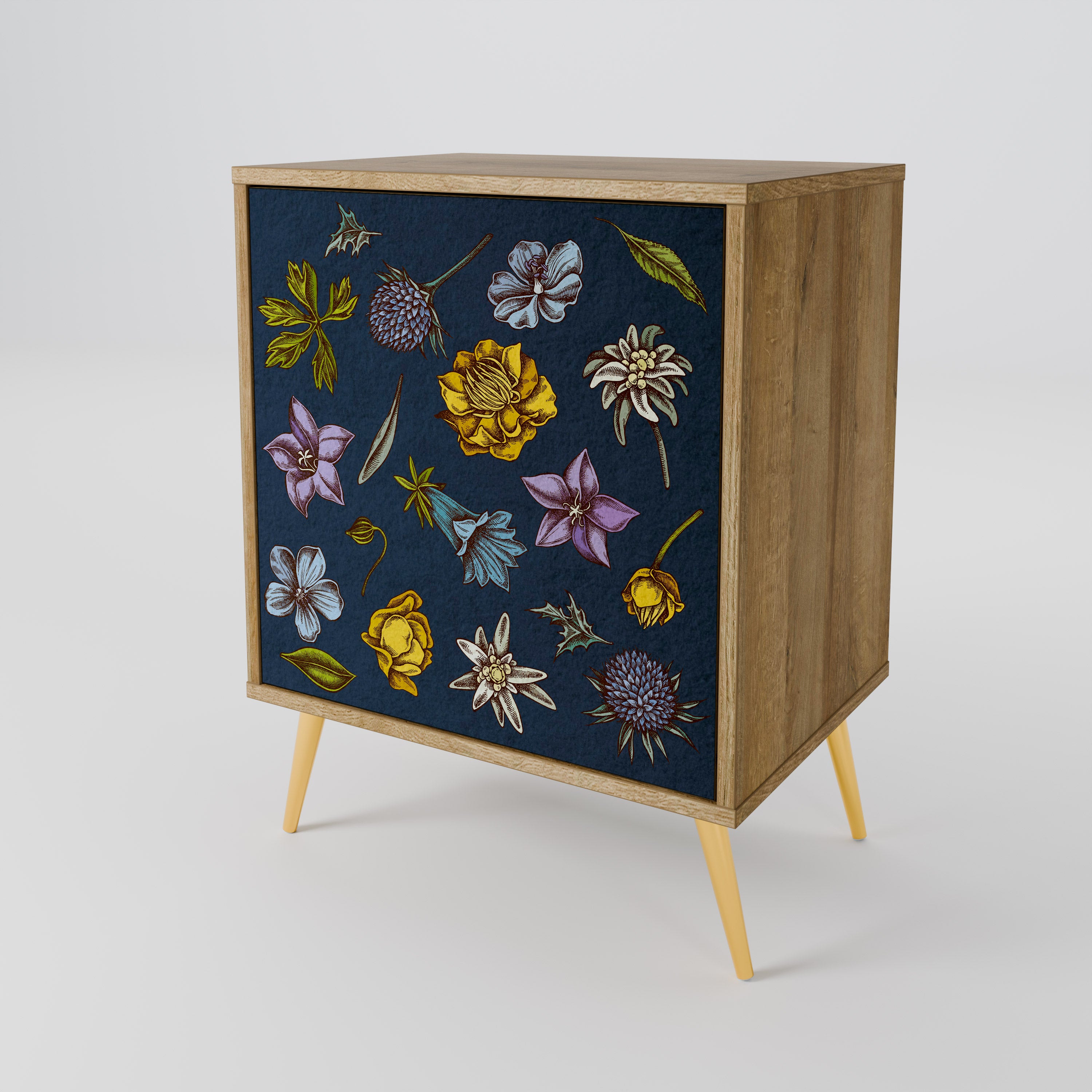 FLOWERS ON NAVY BLUE Sideboard mit 1 Tür in Eiche-Optik