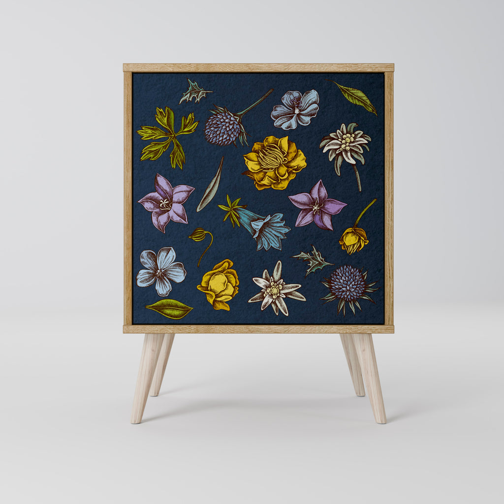 FLOWERS ON NAVY BLUE Sideboard mit 1 Tür in Eiche-Optik