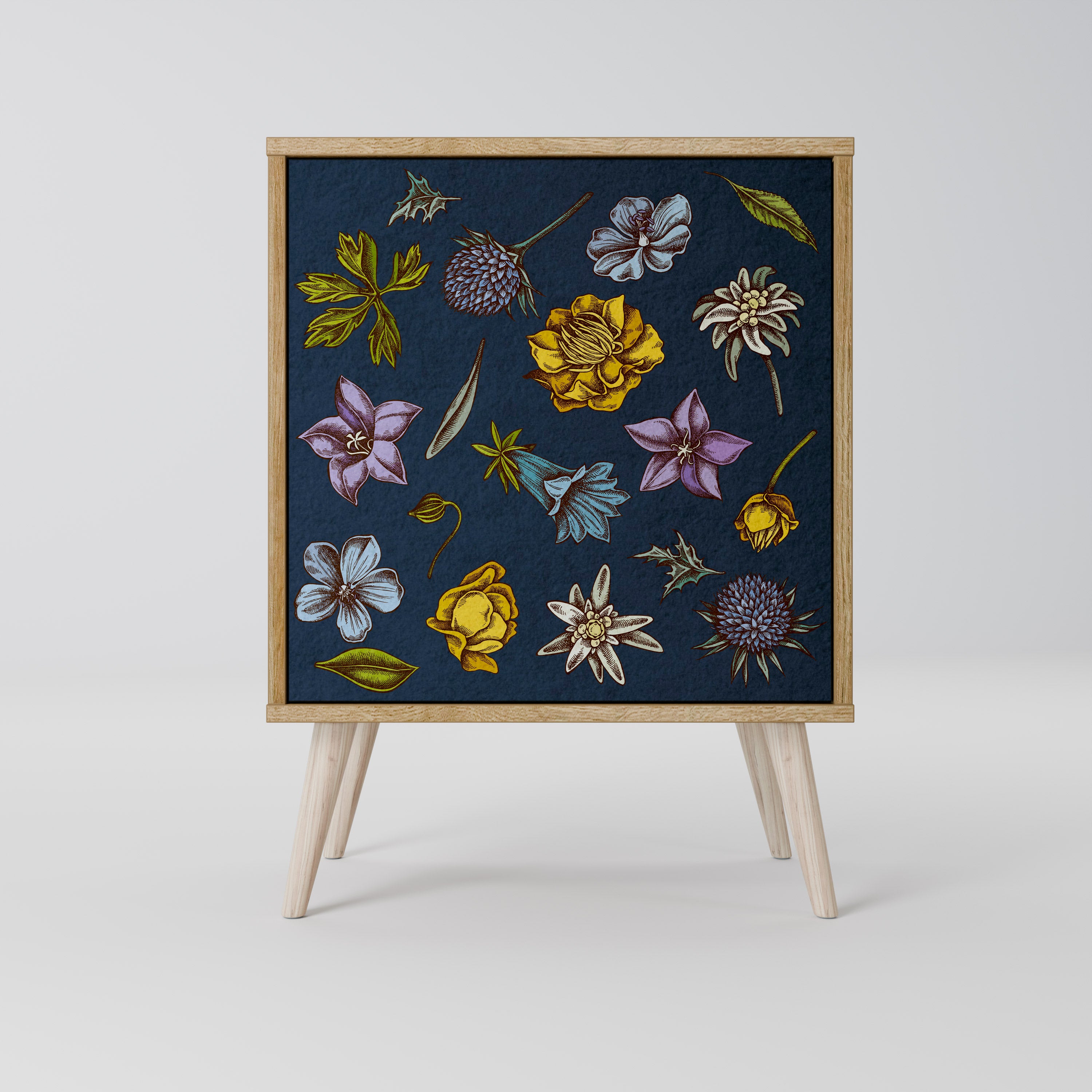 FLOWERS ON NAVY BLUE Sideboard mit 1 Tür in Eiche-Optik