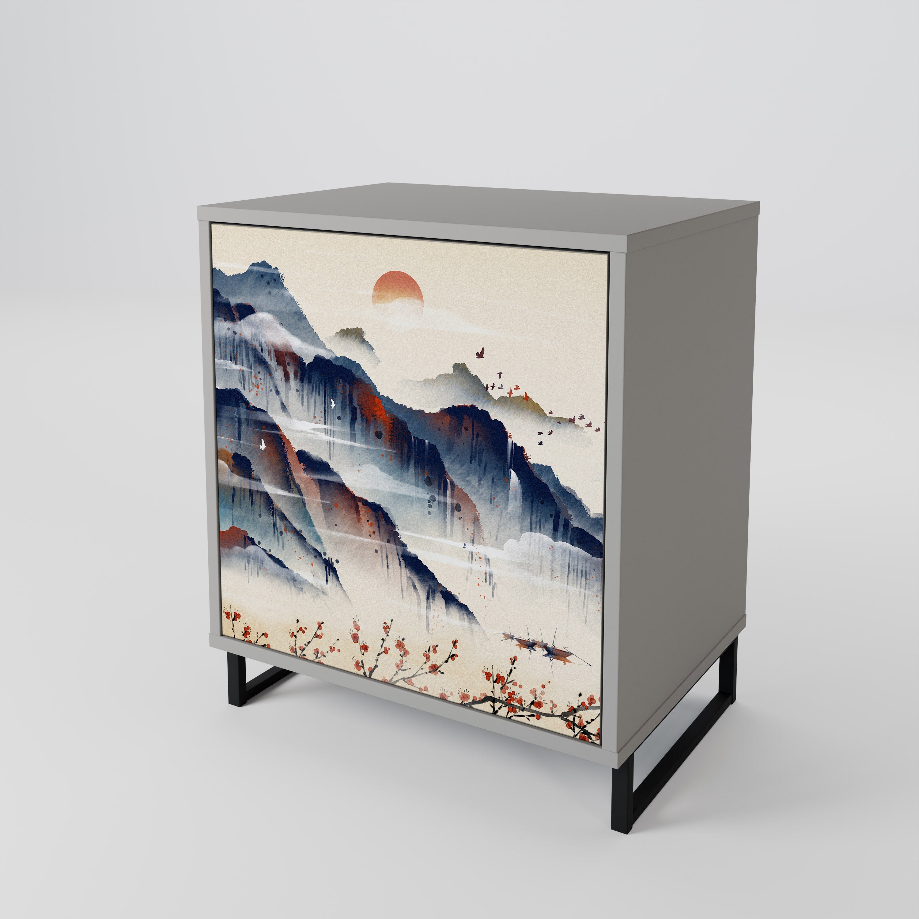JAPANESE LANDSCAPE 1-Door Sideboard in Grey Finish