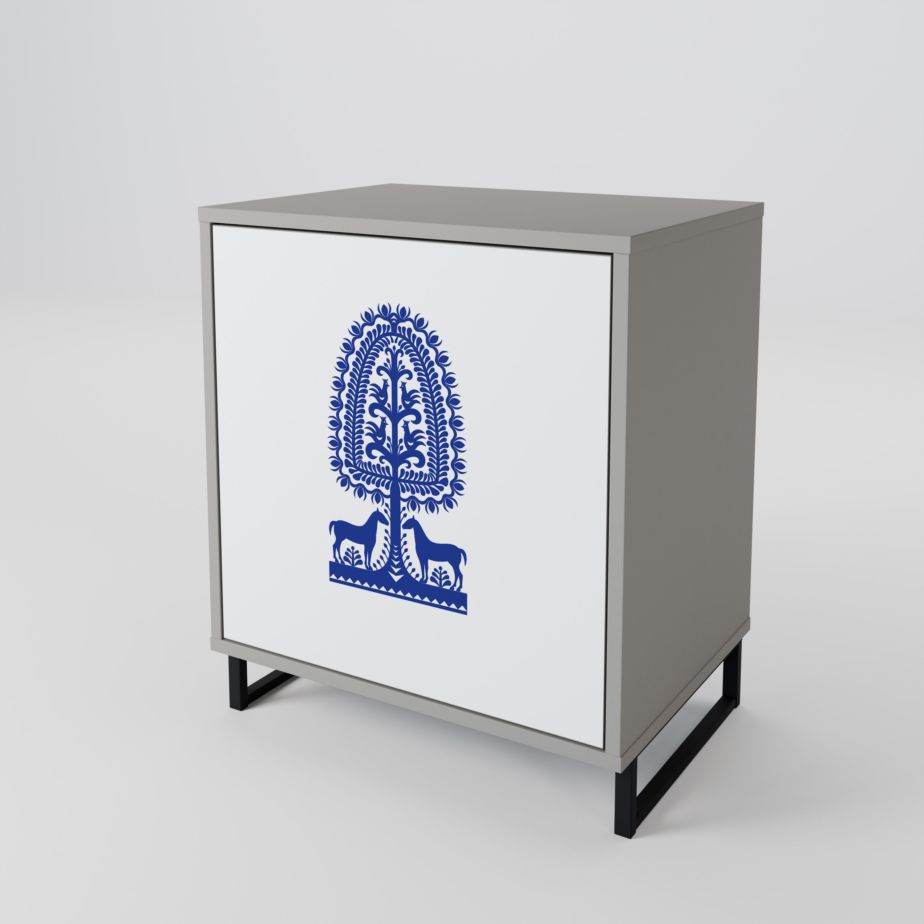 POLISH FOLK ART 1-Door Sideboard in Grey Finish