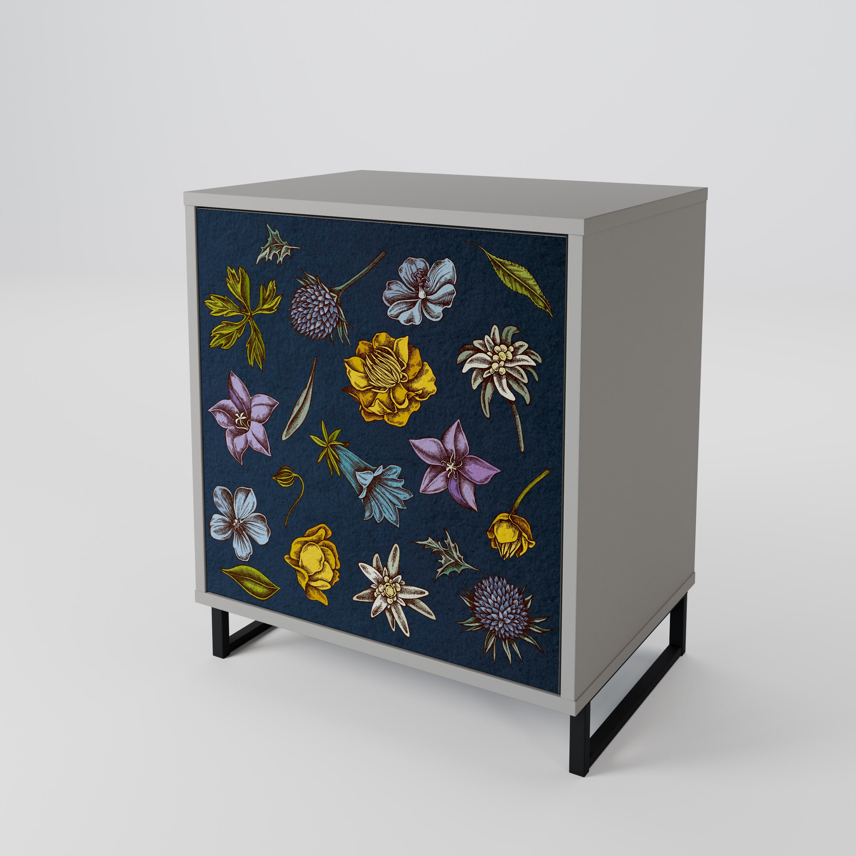 FLOWERS ON NAVY BLUE Sideboard mit 1 Tür in Grau