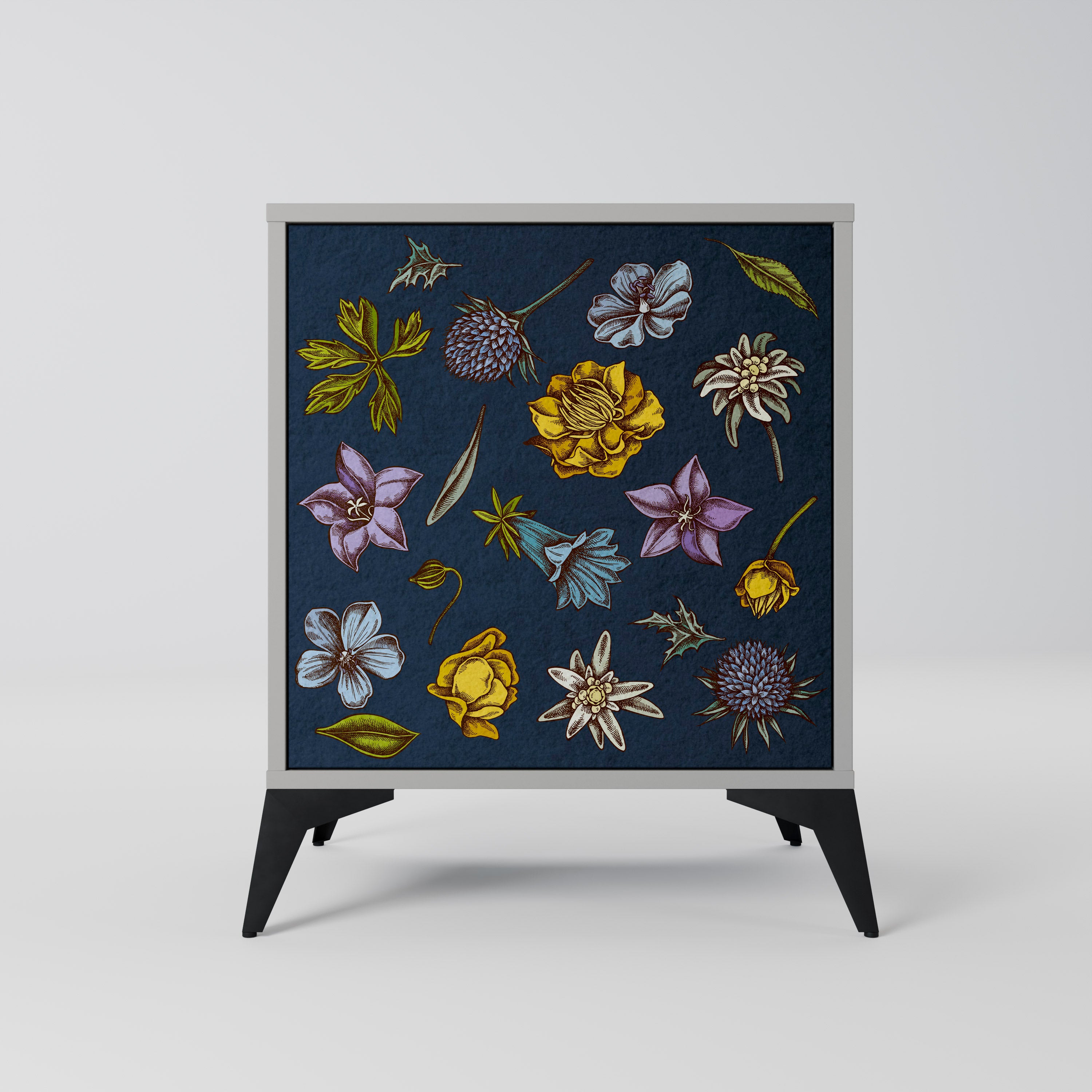 FLOWERS ON NAVY BLUE Sideboard mit 1 Tür in Grau