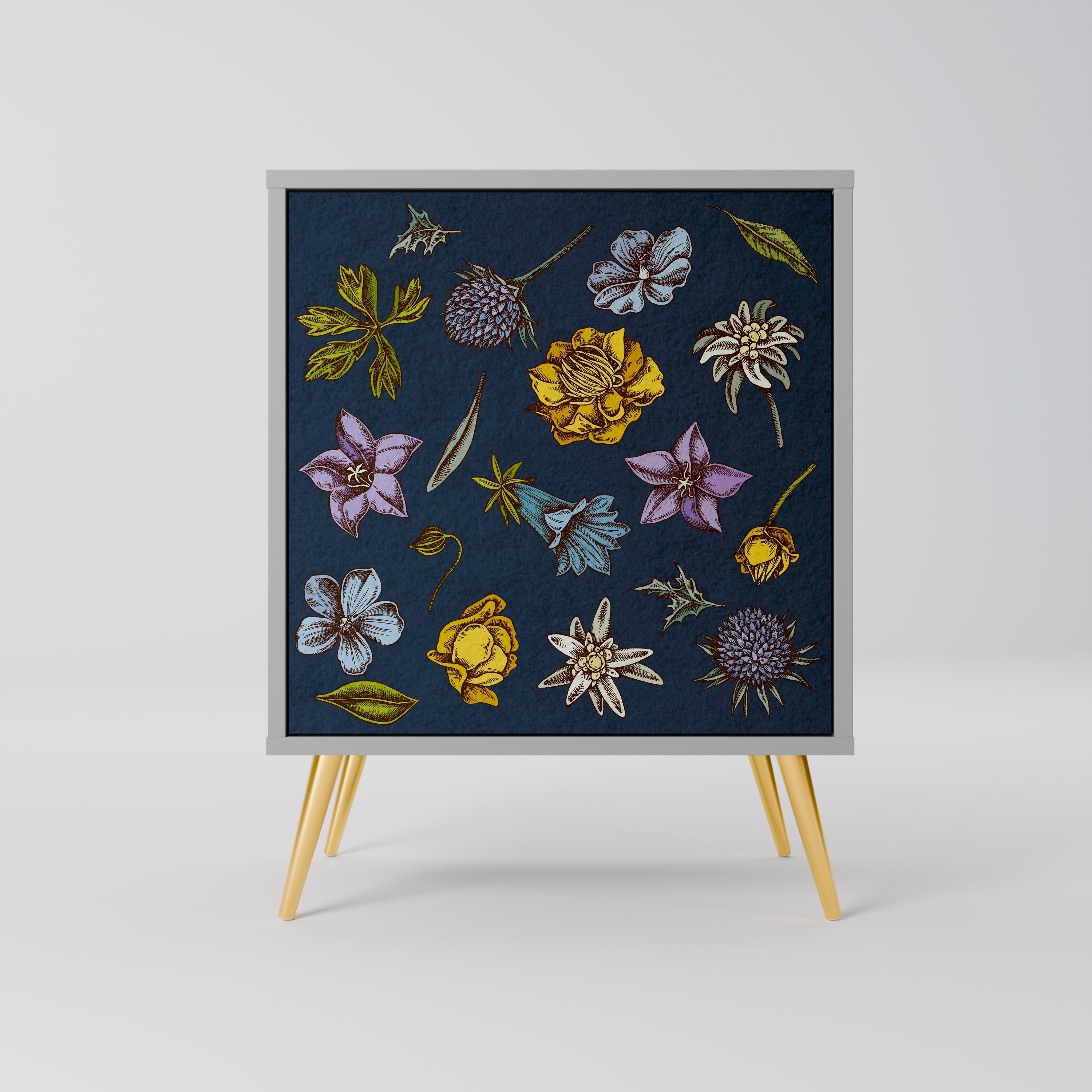 FLOWERS ON NAVY BLUE Sideboard mit 1 Tür in Grau