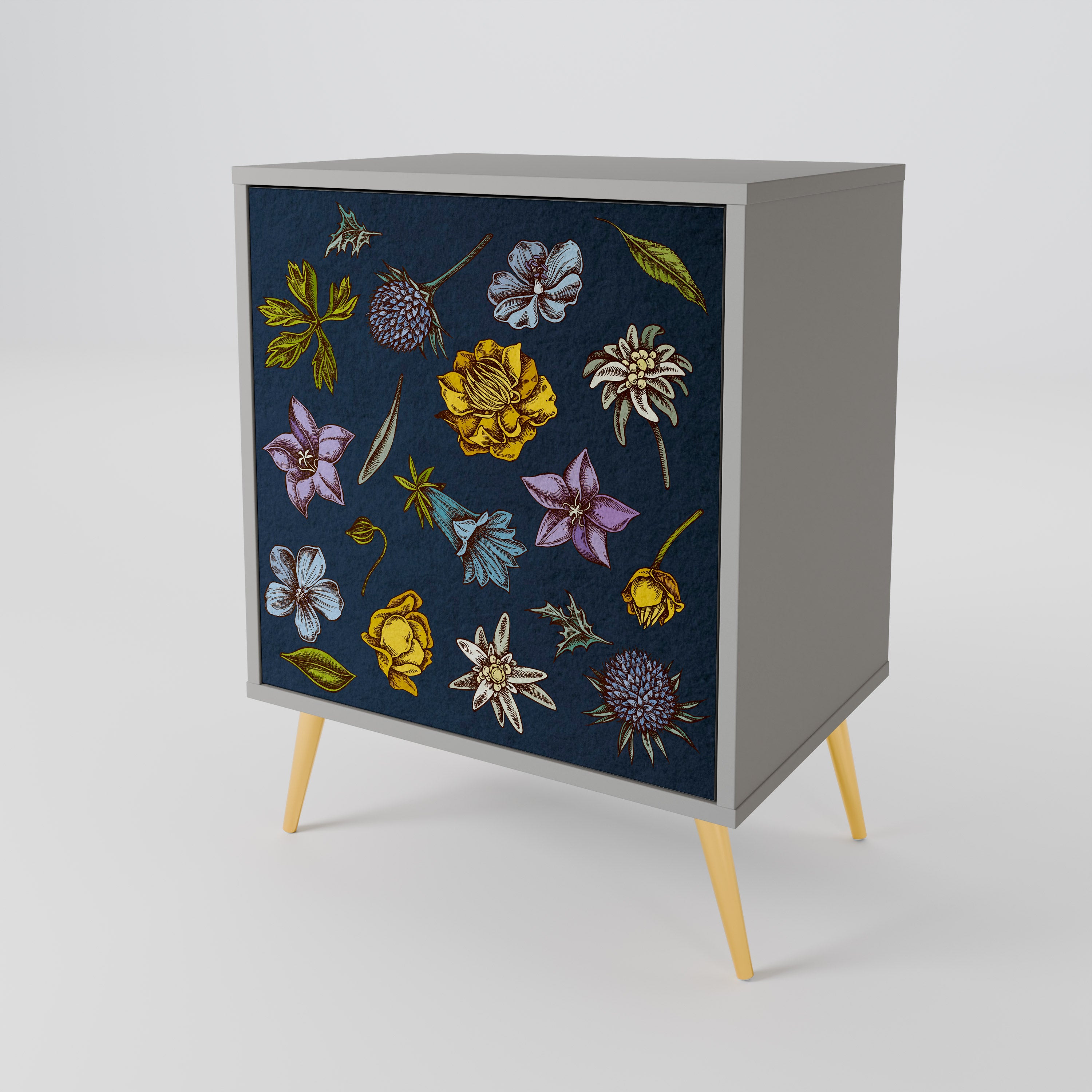 FLOWERS ON NAVY BLUE Sideboard mit 1 Tür in Grau