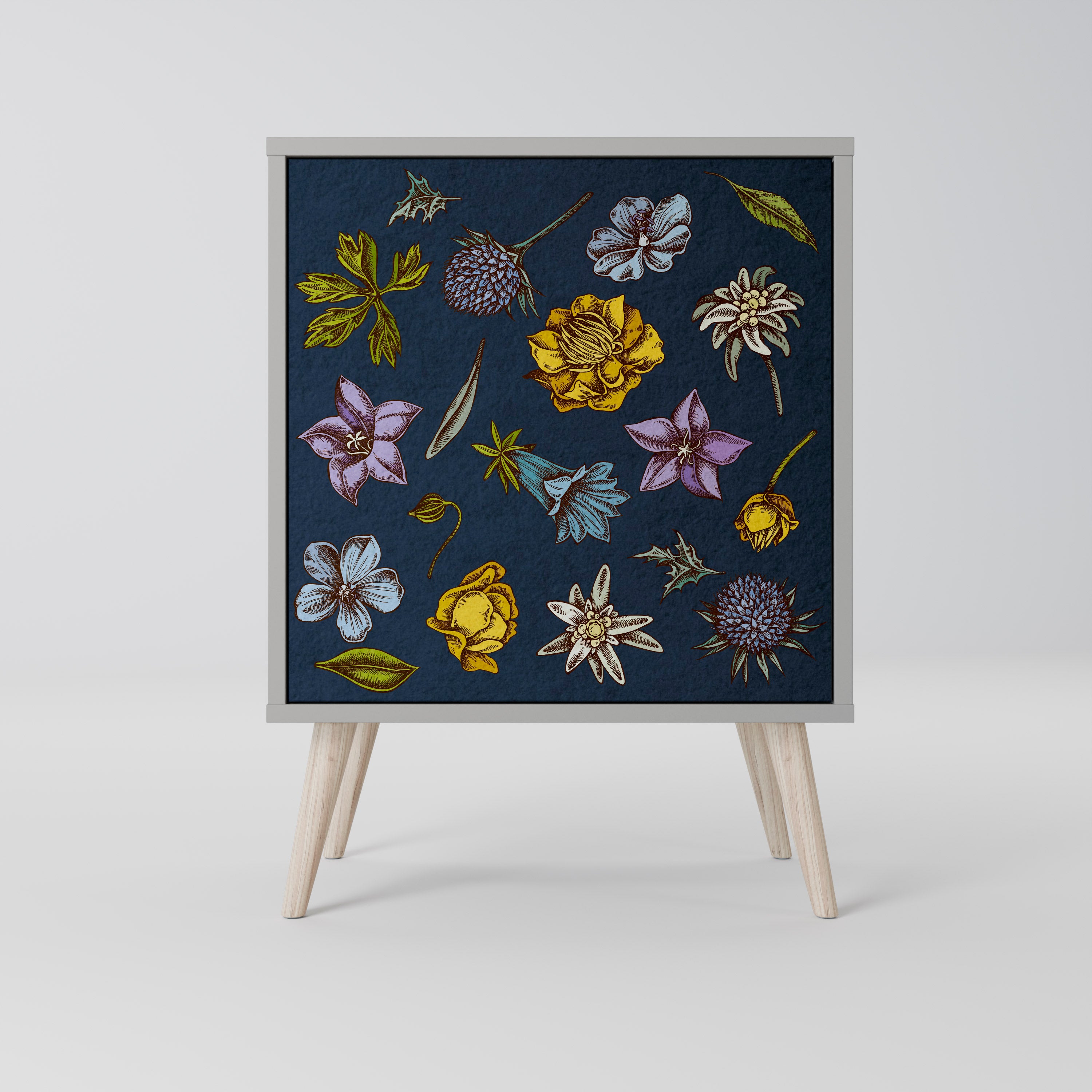 FLOWERS ON NAVY BLUE Sideboard mit 1 Tür in Grau
