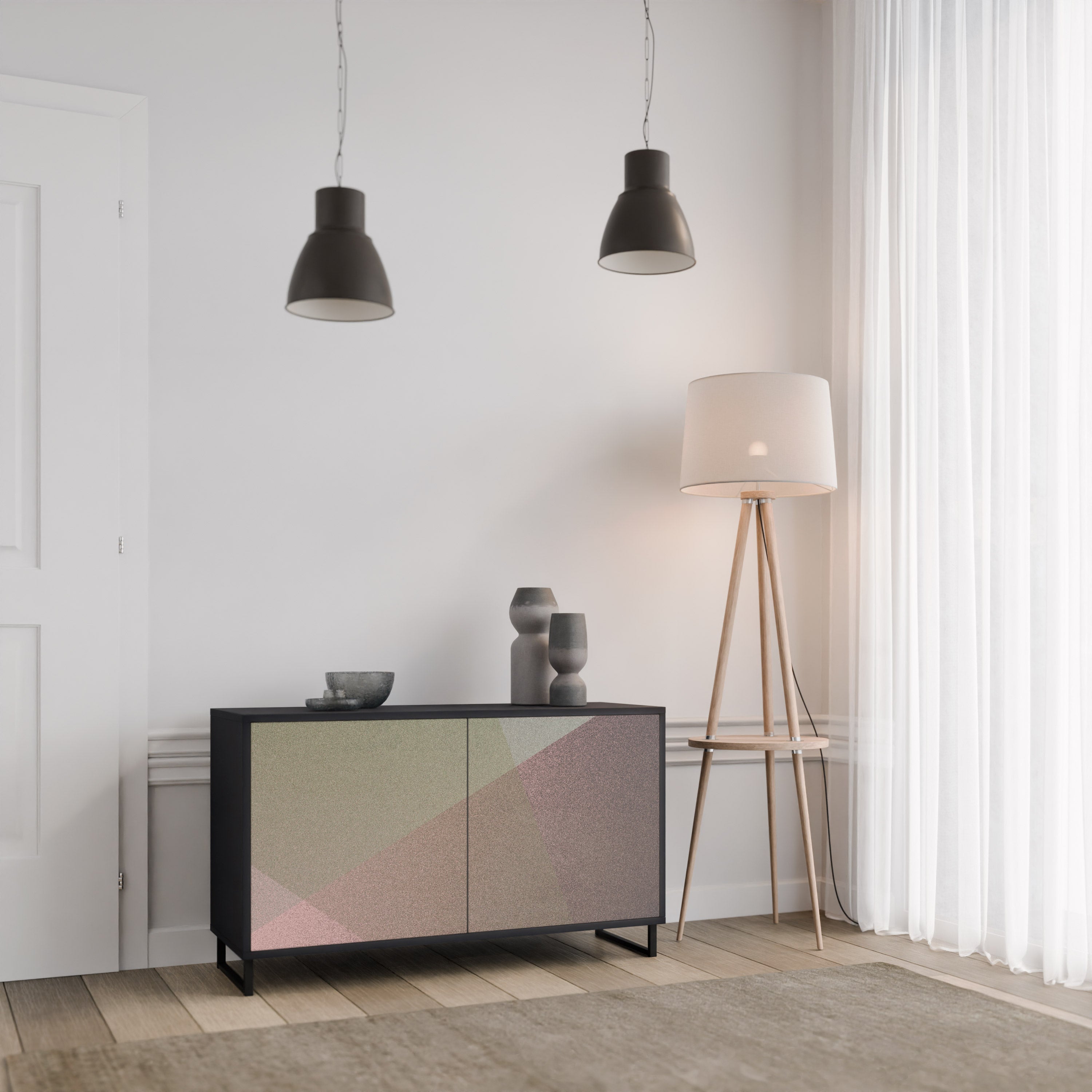 BEIGE GEOMETRY Sideboard mit 2 Türen in schwarzem Finish