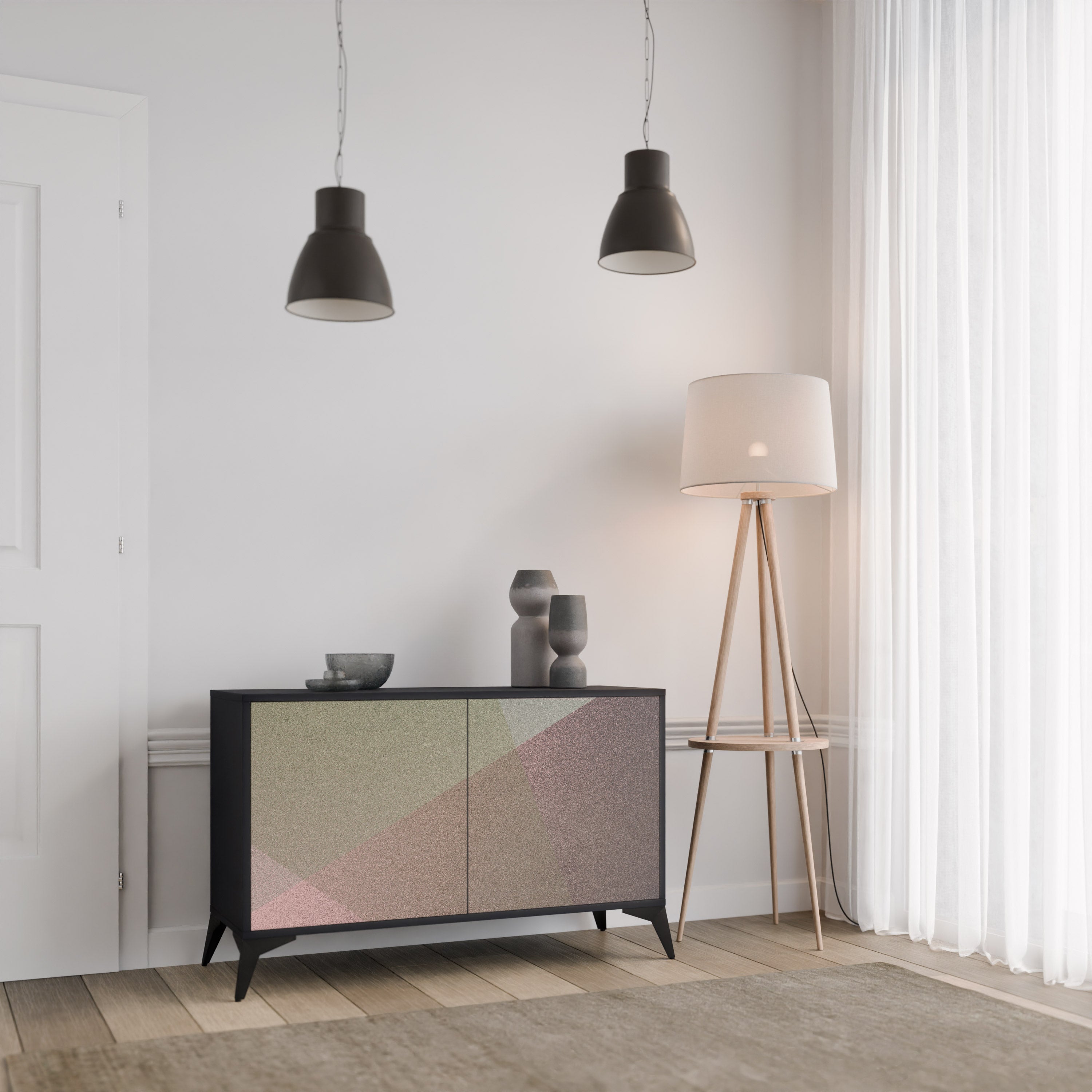 BEIGE GEOMETRY Sideboard mit 2 Türen in schwarzem Finish