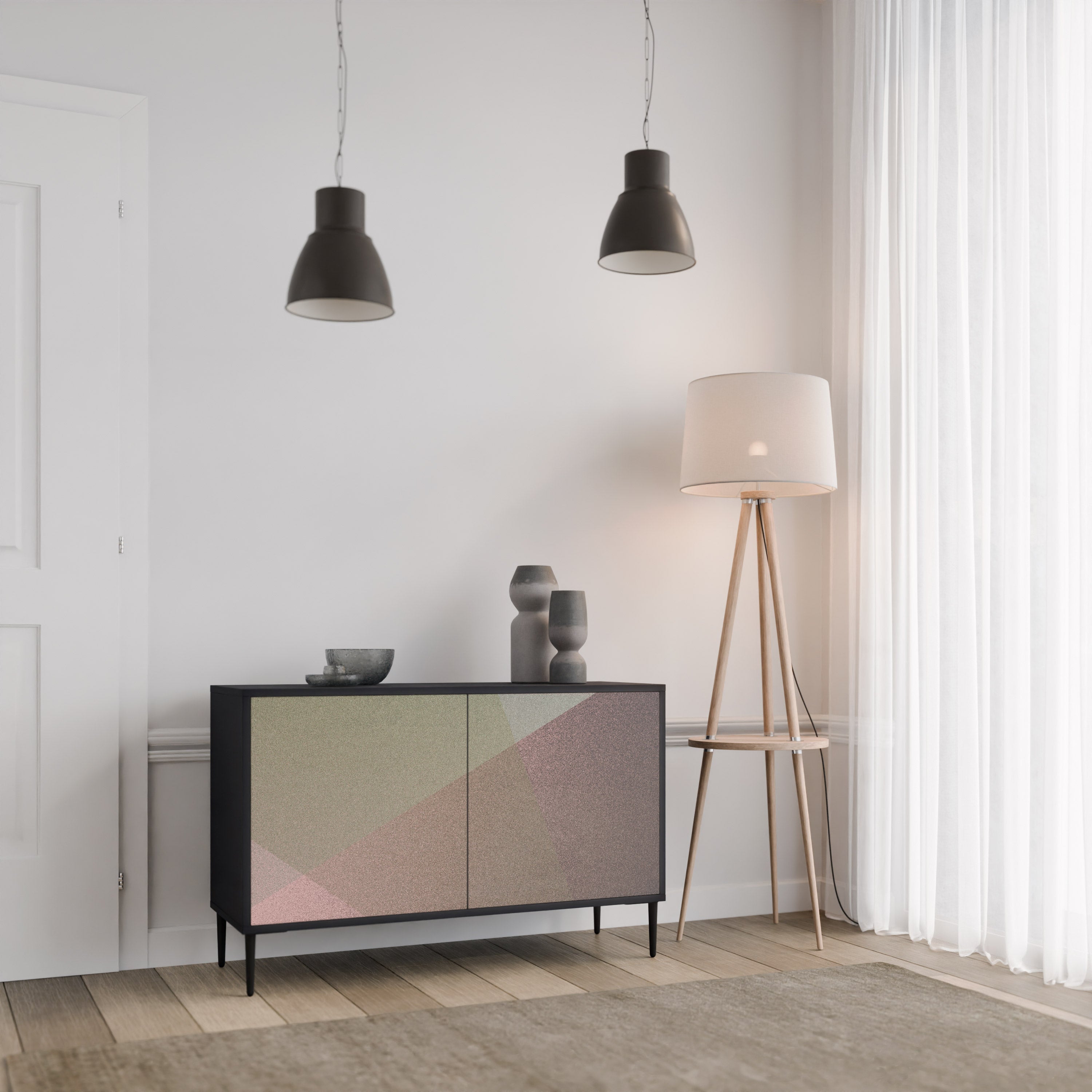 BEIGE GEOMETRY Sideboard mit 2 Türen in schwarzem Finish
