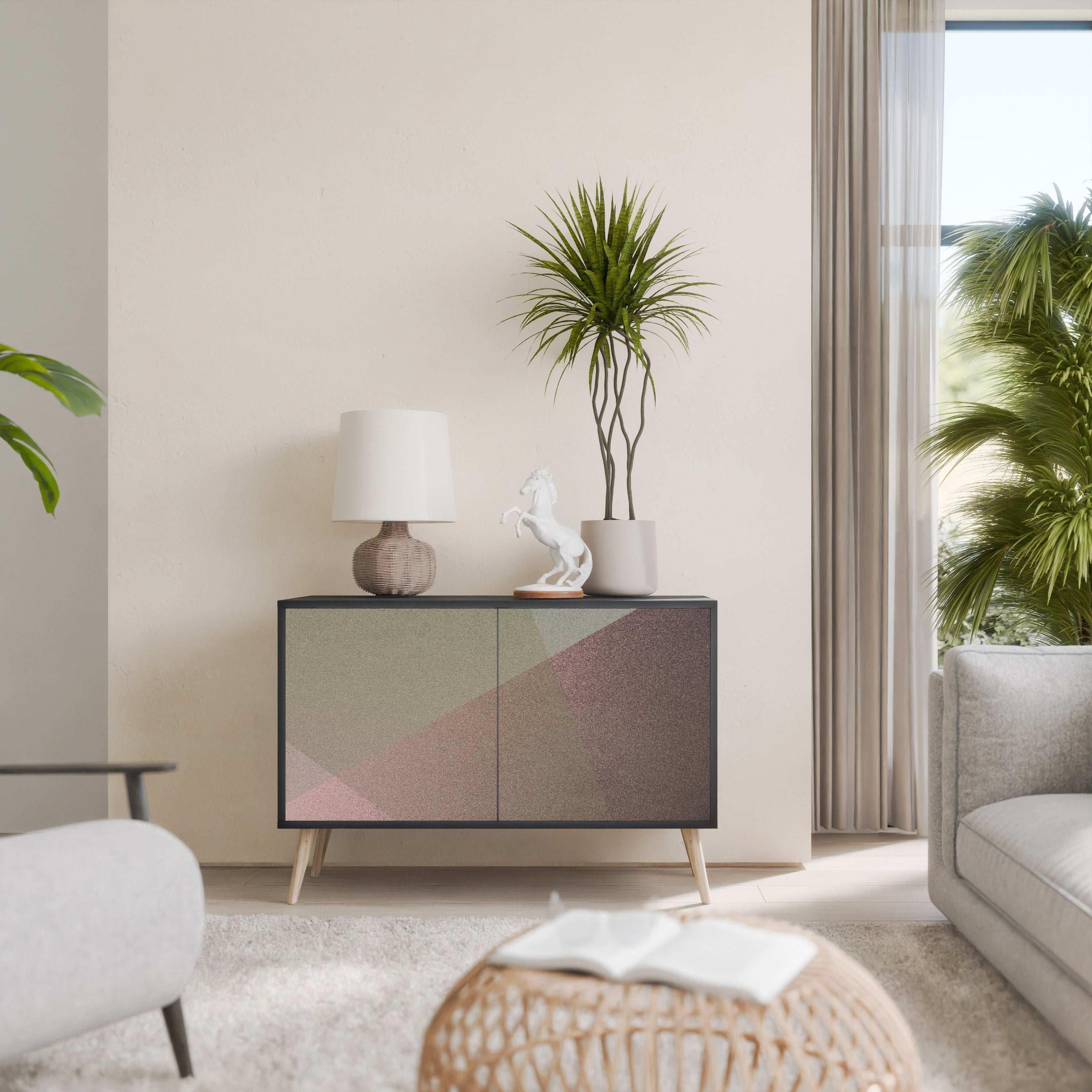 BEIGE GEOMETRY Sideboard mit 2 Türen in schwarzem Finish