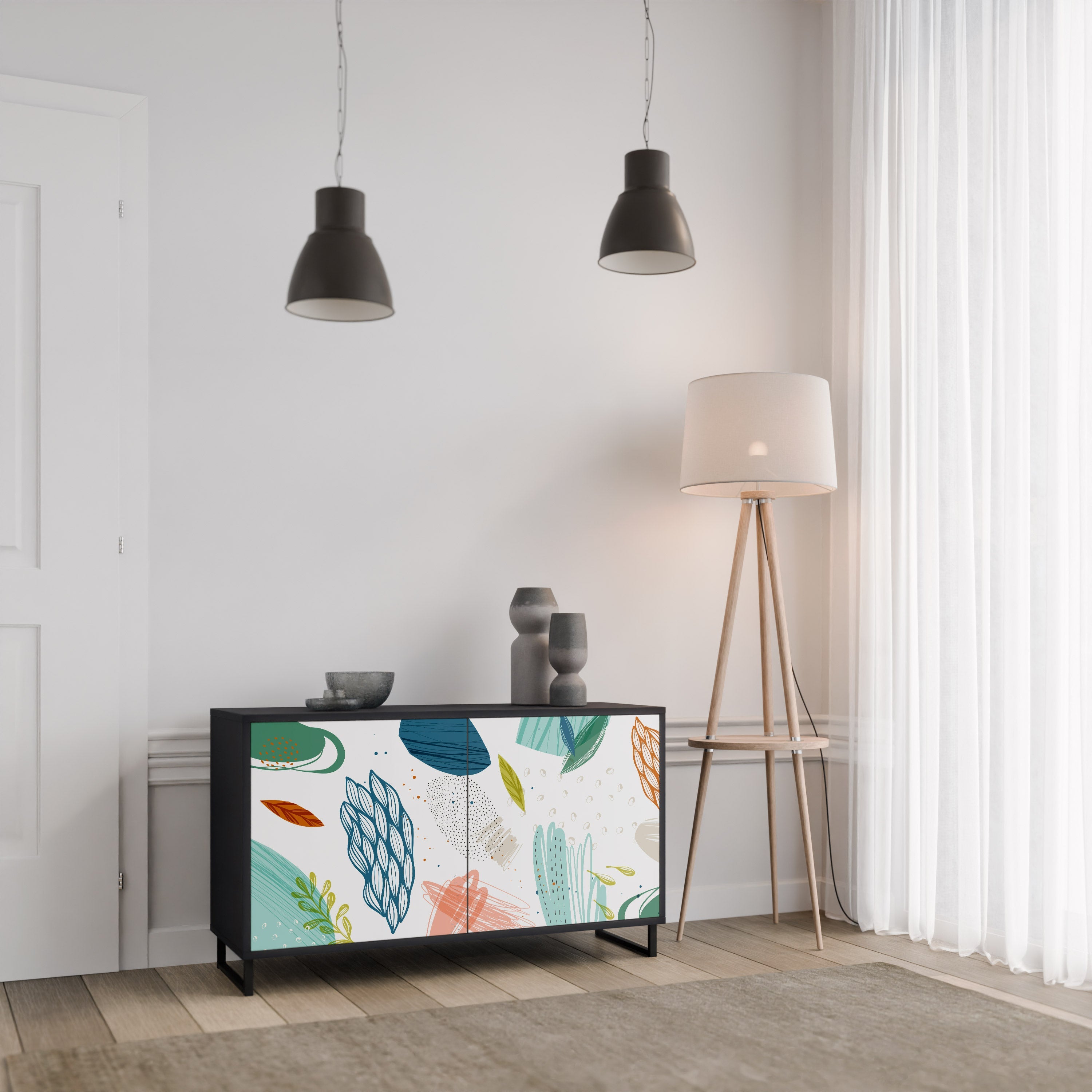BOTANICAL HURRICANE Sideboard mit 2 Türen in Schwarz
