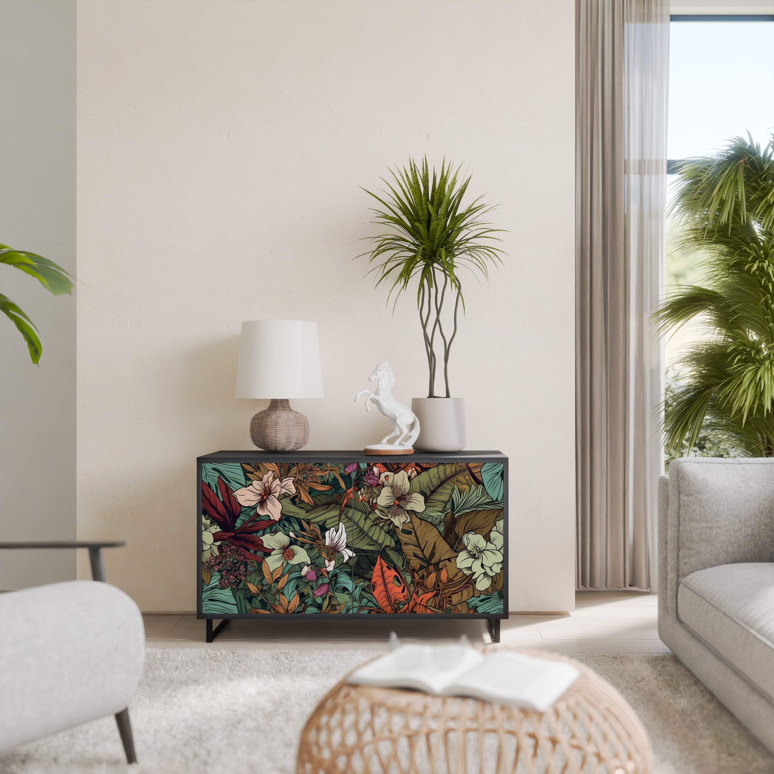 BOTANICAL EMERGENCE Sideboard mit 2 Türen in Schwarz