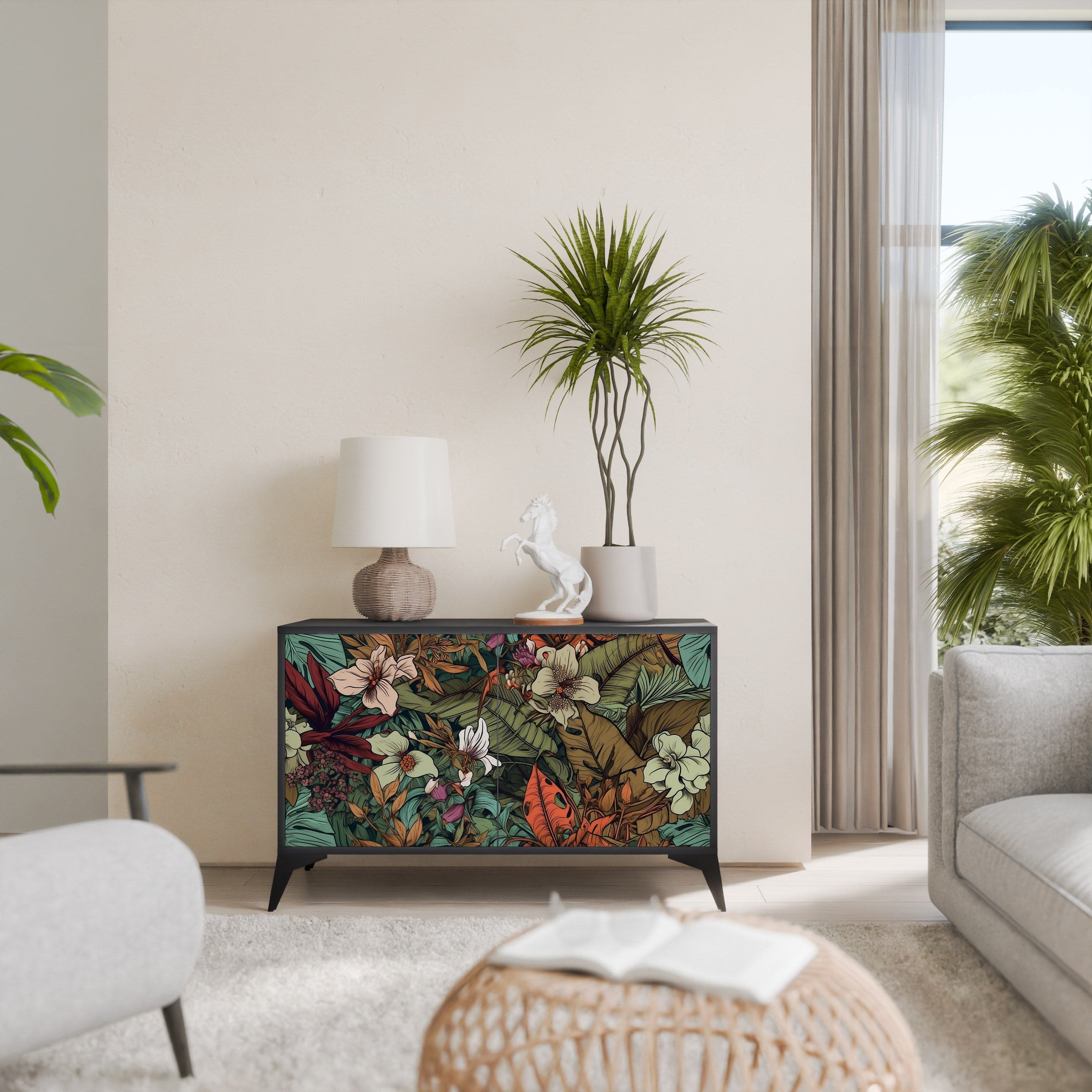 BOTANICAL EMERGENCE Sideboard mit 2 Türen in Schwarz