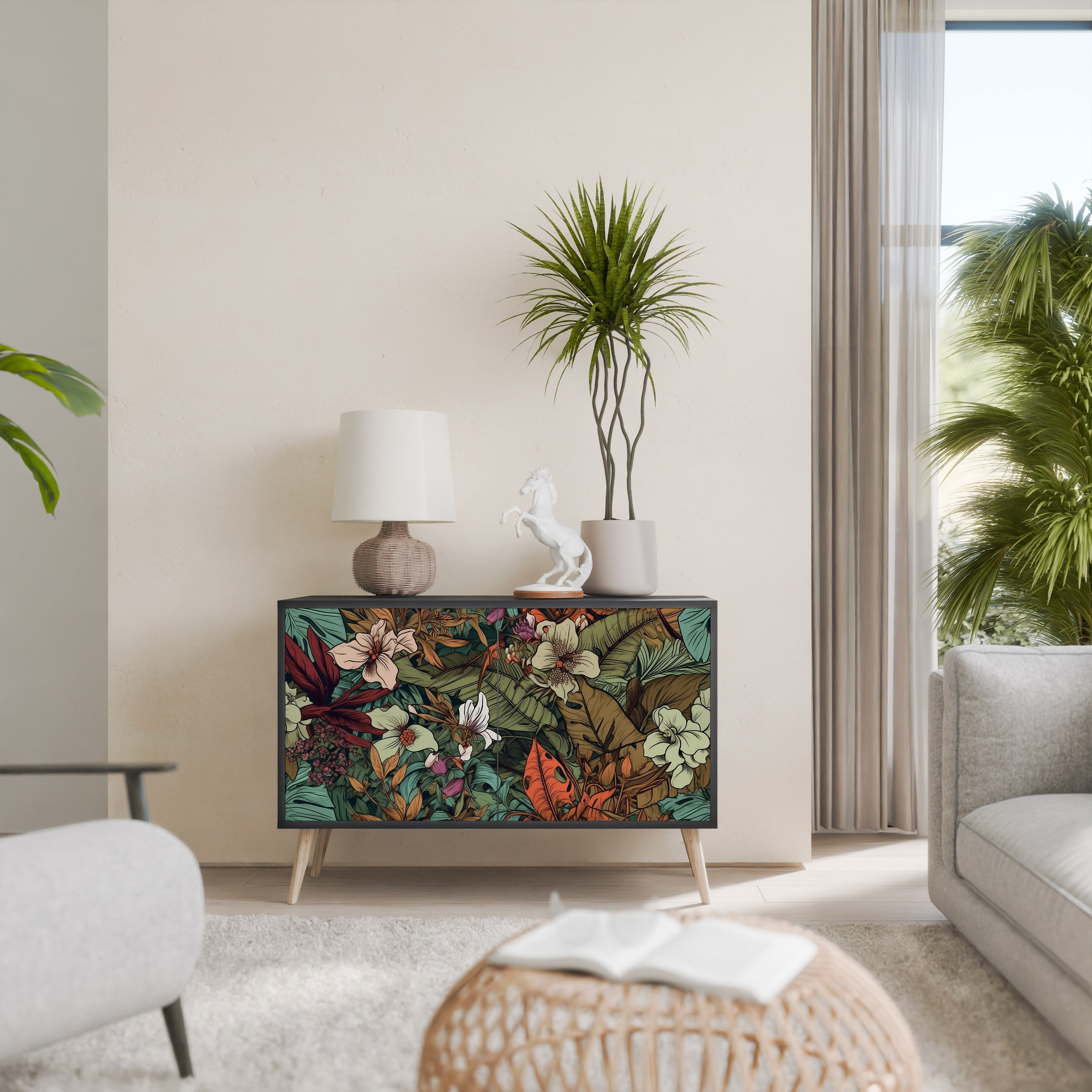 BOTANICAL EMERGENCE Sideboard mit 2 Türen in Schwarz