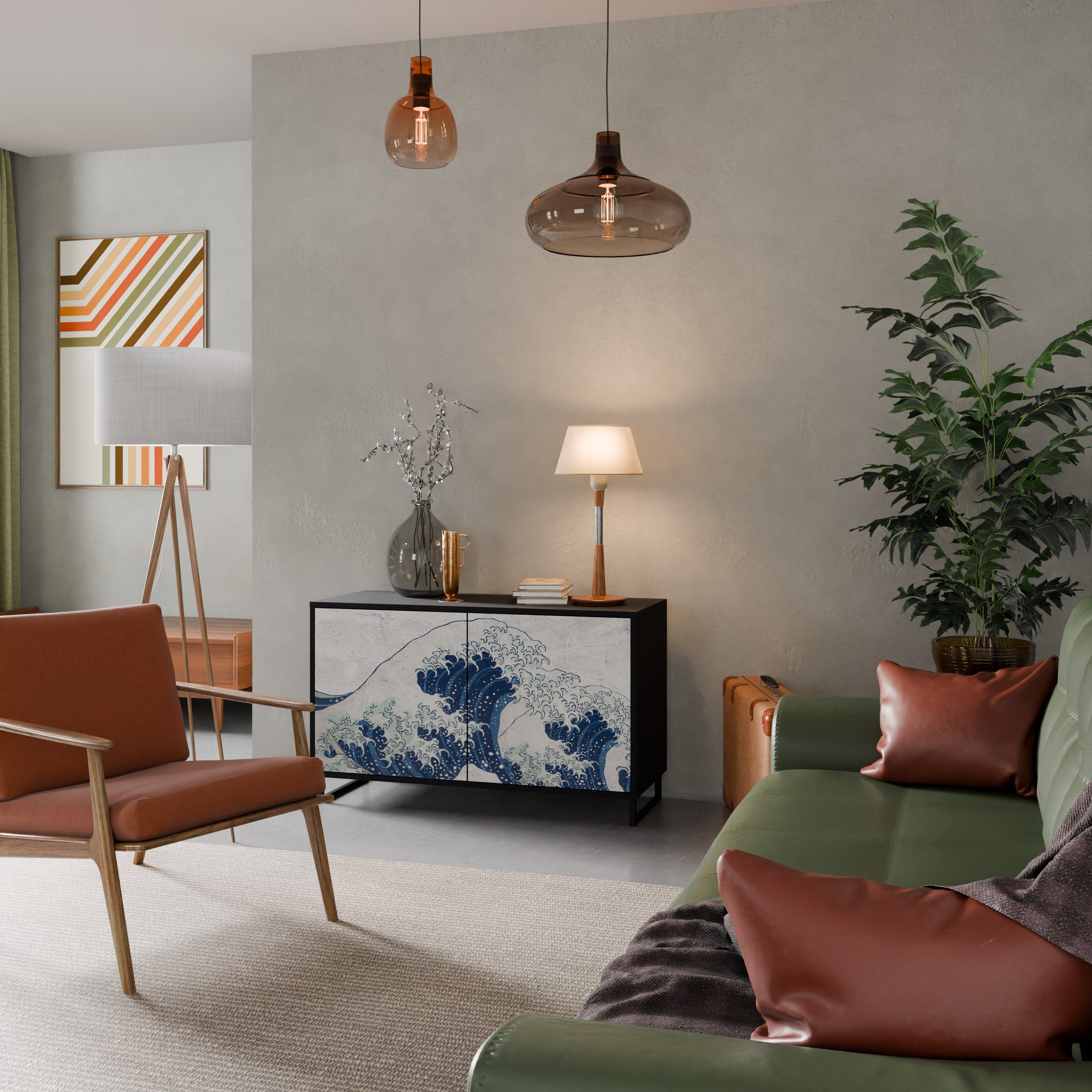 THE GREAT WAVE AT KANAGAWA Sideboard mit 2 Türen in Schwarz