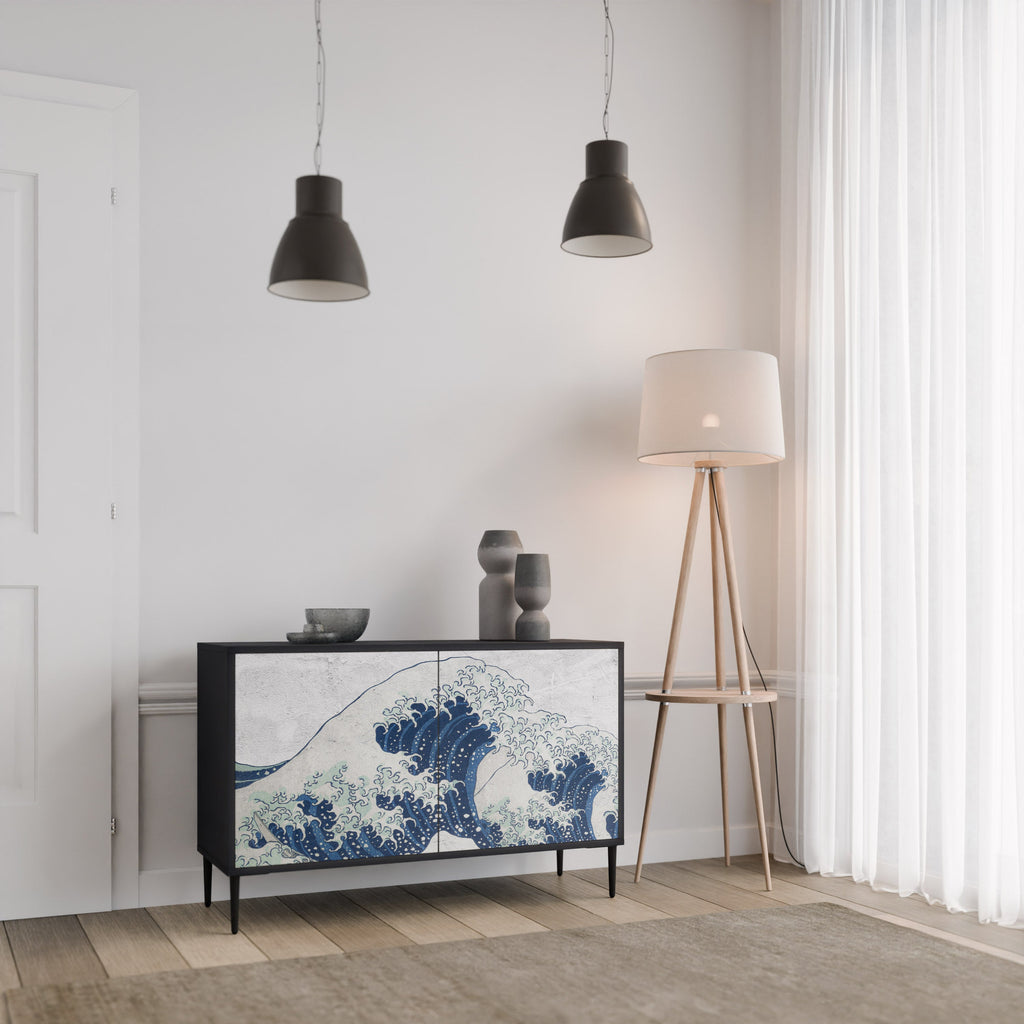 THE GREAT WAVE AT KANAGAWA Sideboard mit 2 Türen in Schwarz
