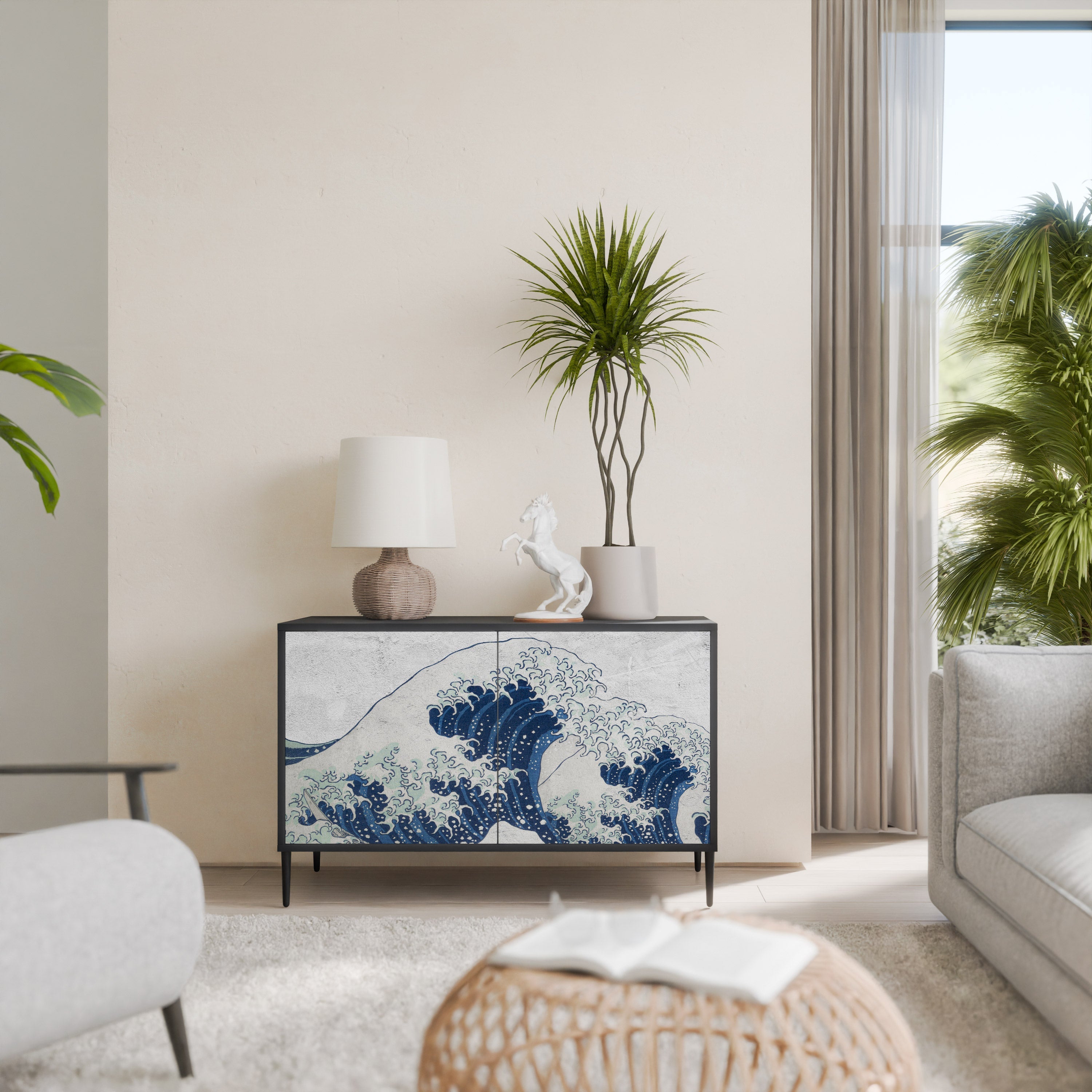 THE GREAT WAVE AT KANAGAWA Sideboard mit 2 Türen in Schwarz