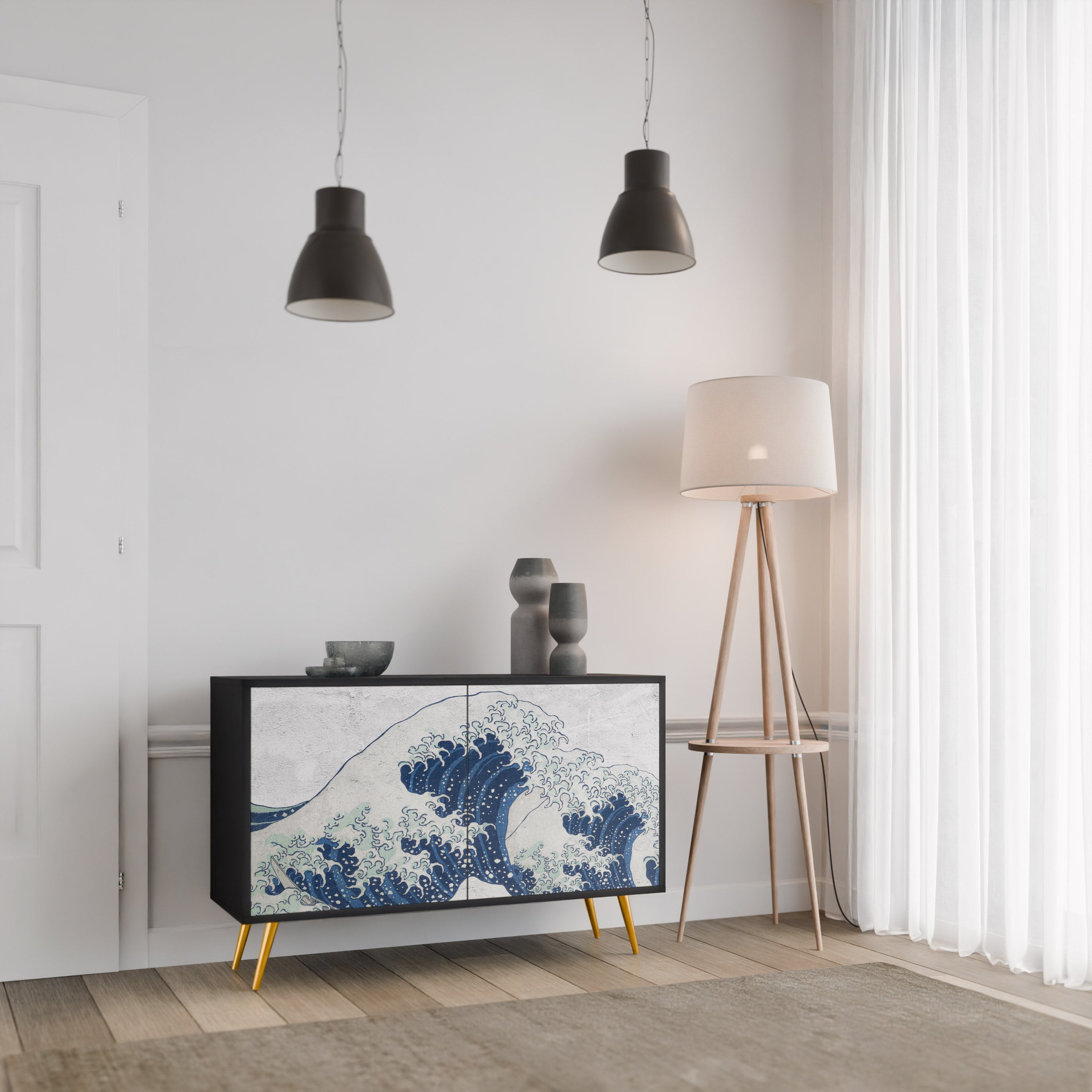THE GREAT WAVE AT KANAGAWA Sideboard mit 2 Türen in Schwarz