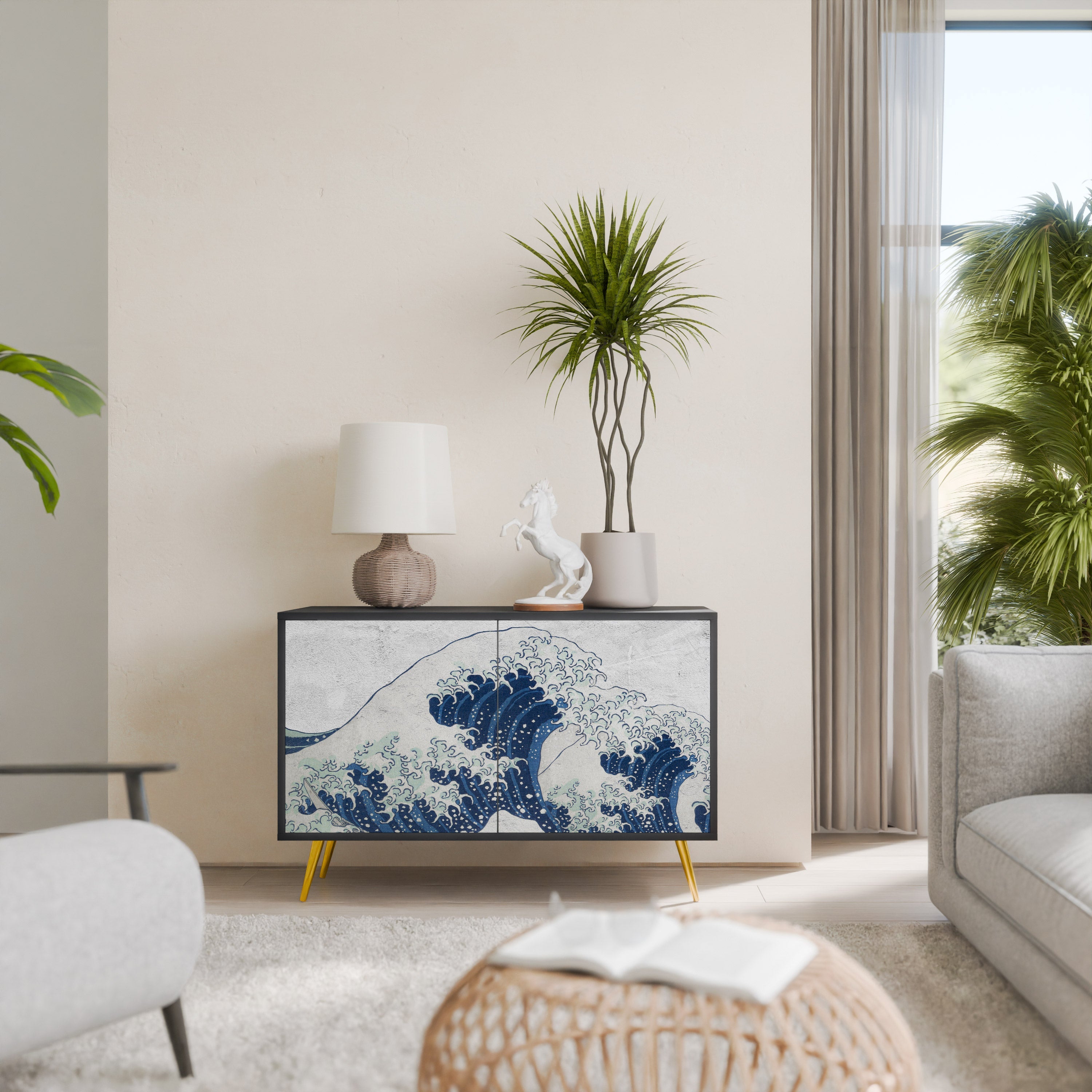 THE GREAT WAVE AT KANAGAWA Sideboard mit 2 Türen in Schwarz