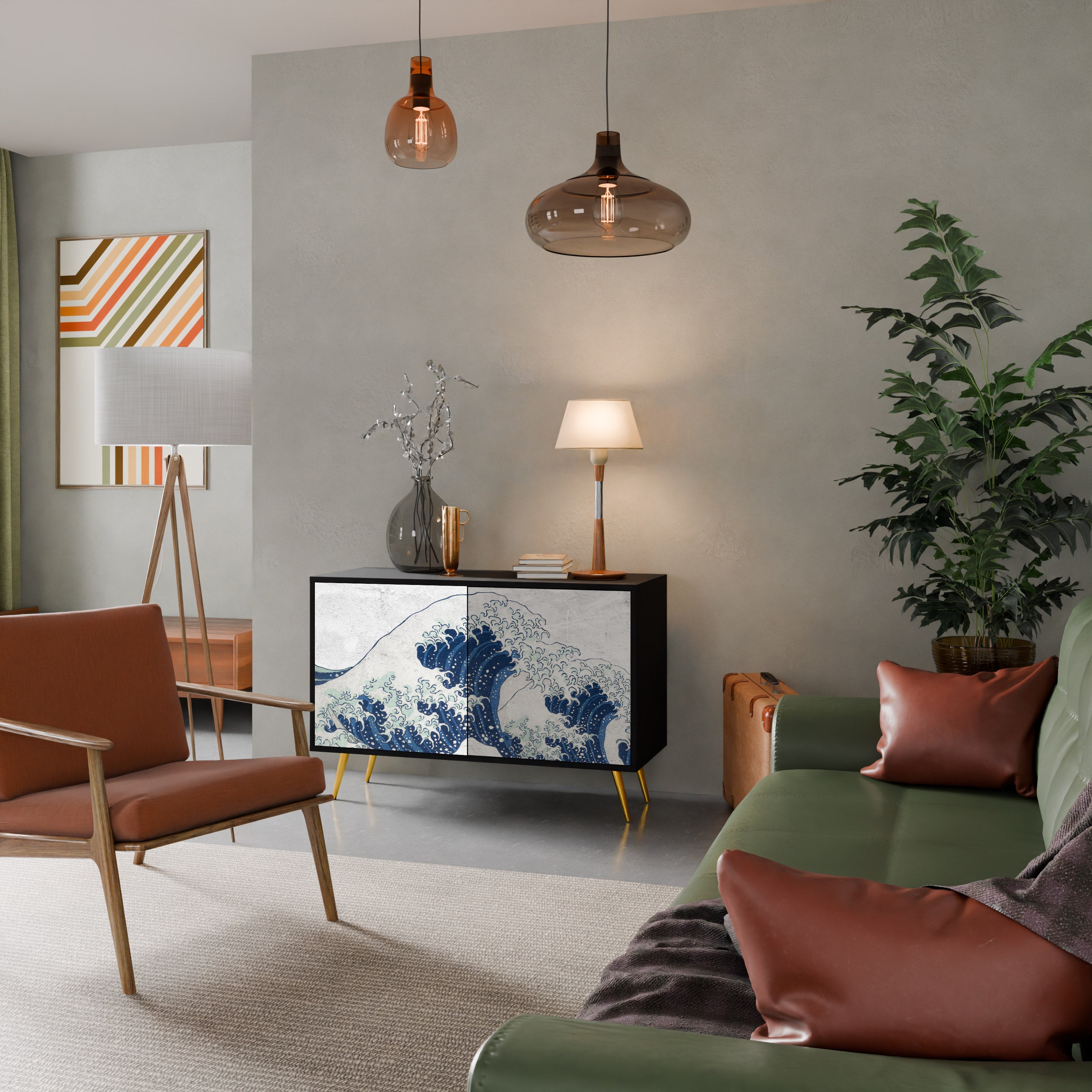 THE GREAT WAVE AT KANAGAWA Sideboard mit 2 Türen in Schwarz