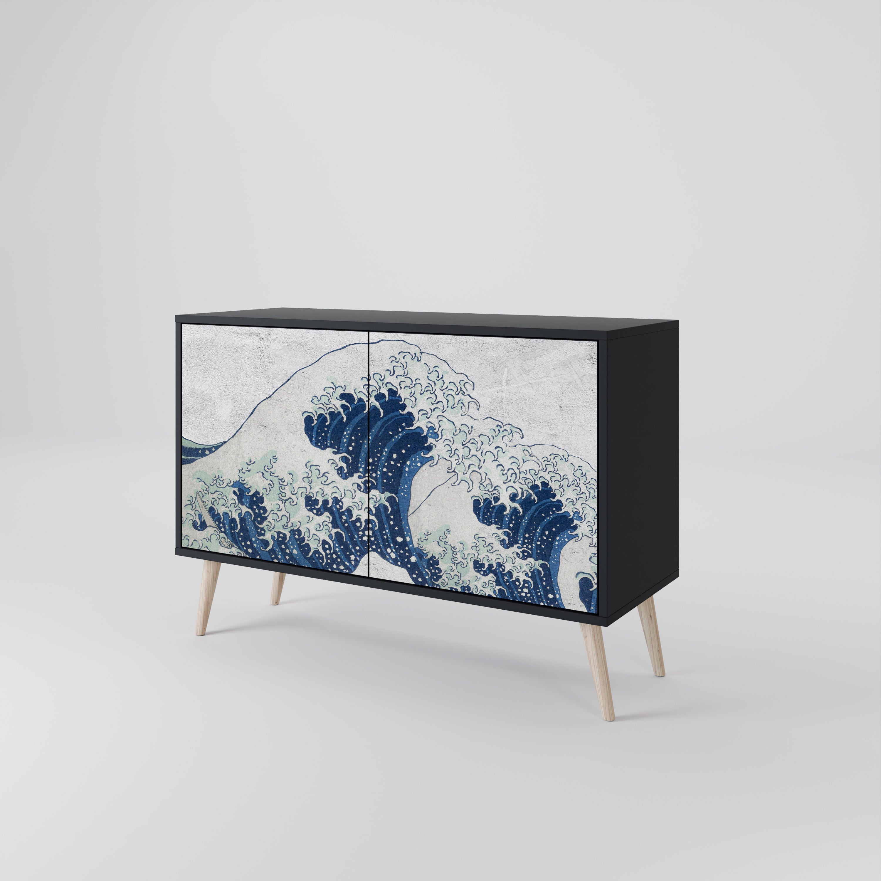 THE GREAT WAVE AT KANAGAWA Sideboard mit 2 Türen in Schwarz