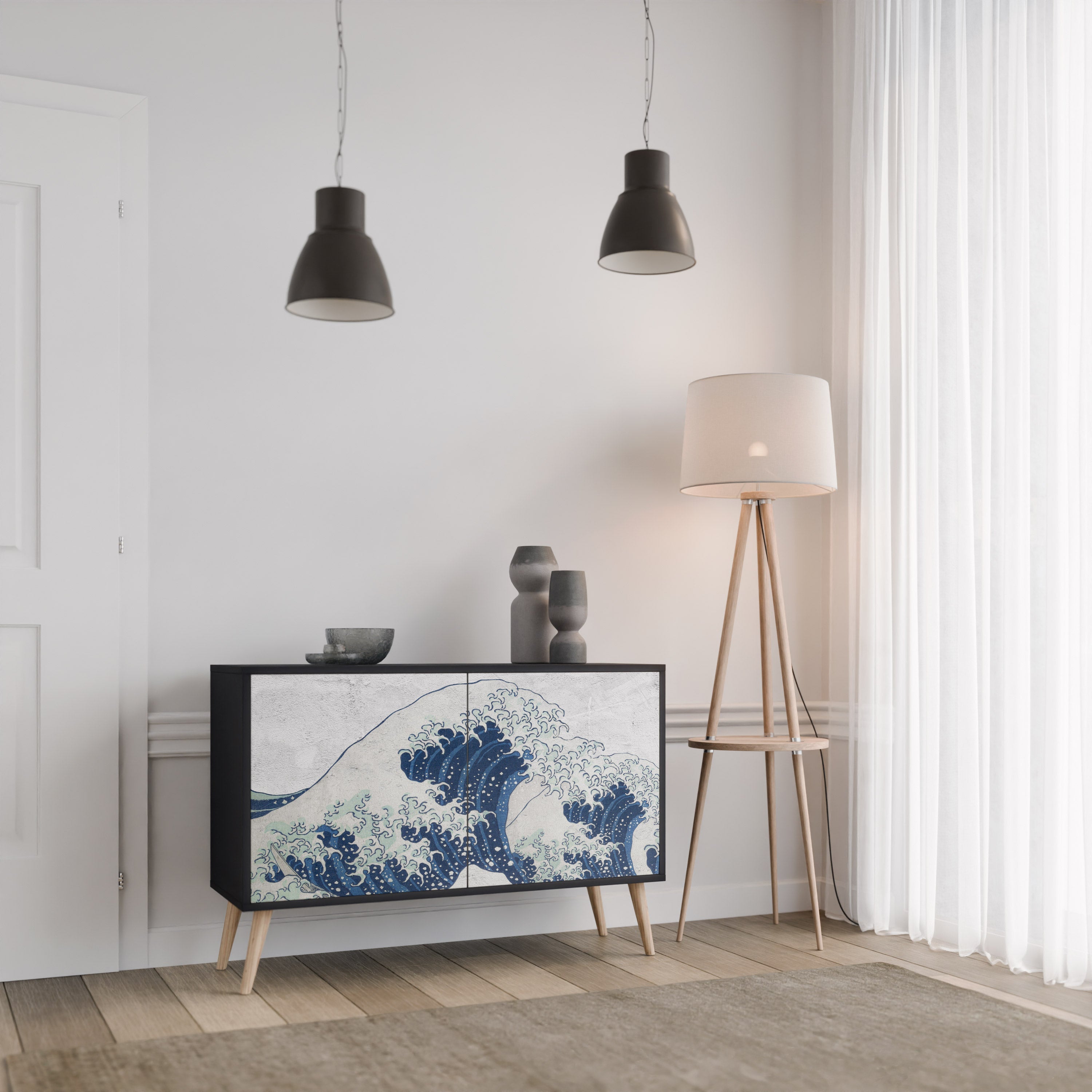 THE GREAT WAVE AT KANAGAWA Sideboard mit 2 Türen in Schwarz