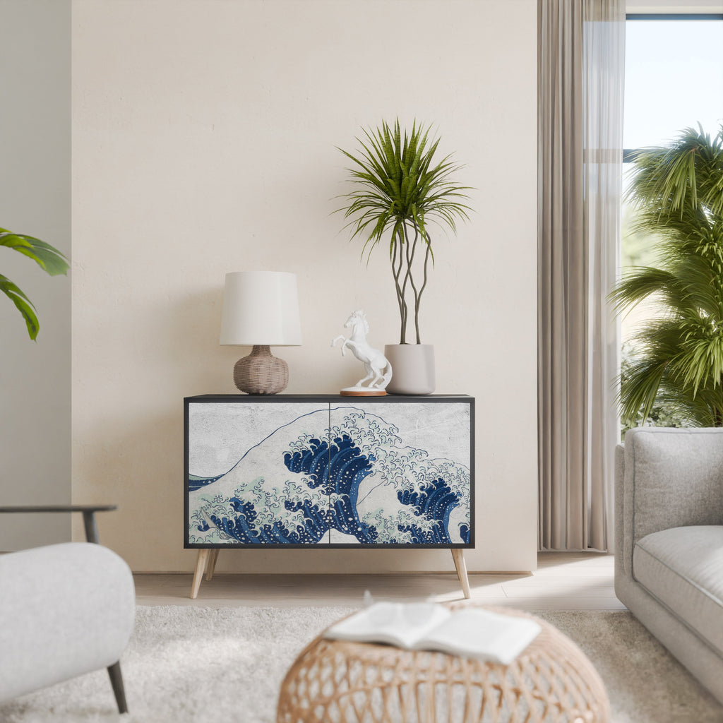THE GREAT WAVE AT KANAGAWA Sideboard mit 2 Türen in Schwarz