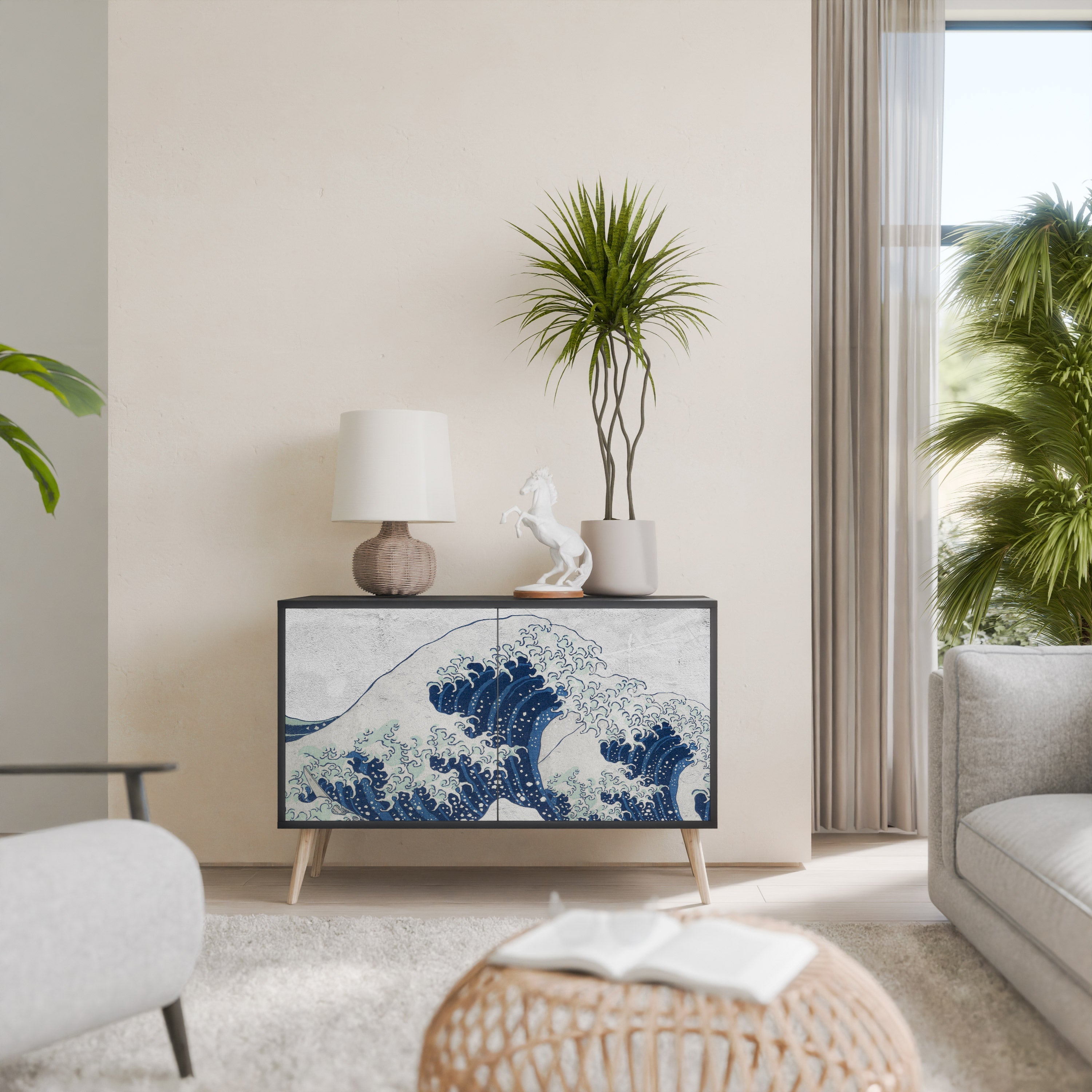 THE GREAT WAVE AT KANAGAWA Sideboard mit 2 Türen in Schwarz